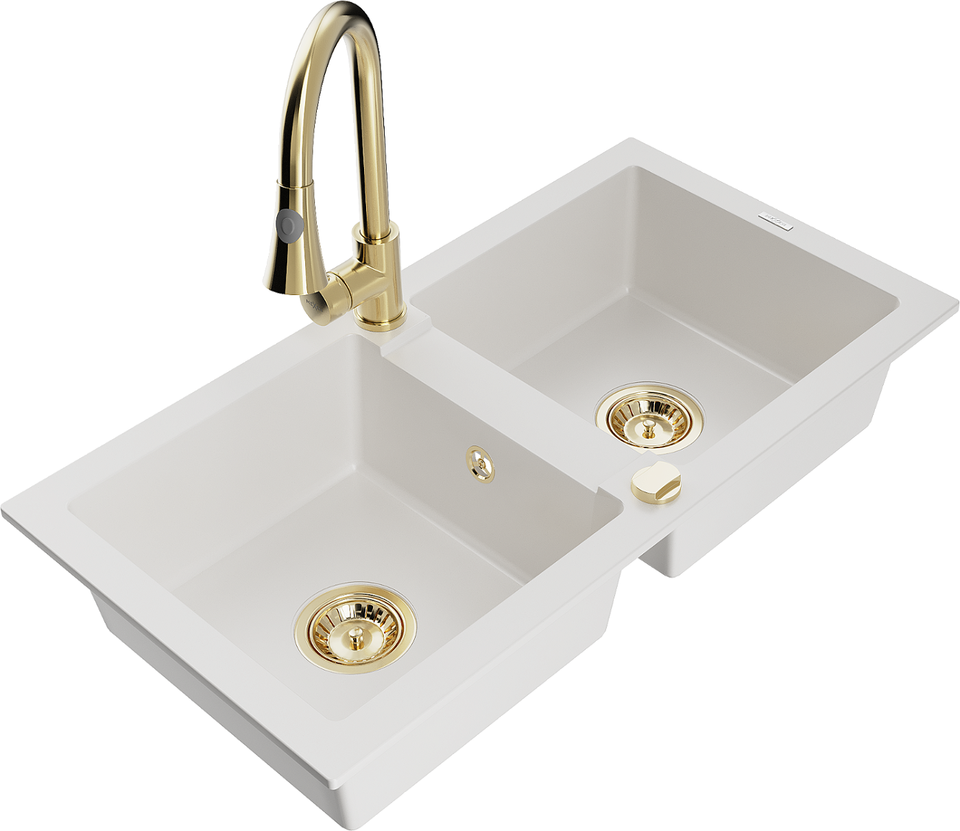 Mexen Mario zlewozmywak granitowy 2-komorowy z baterią kuchenną Elia, biały - 6504-20-670101-50