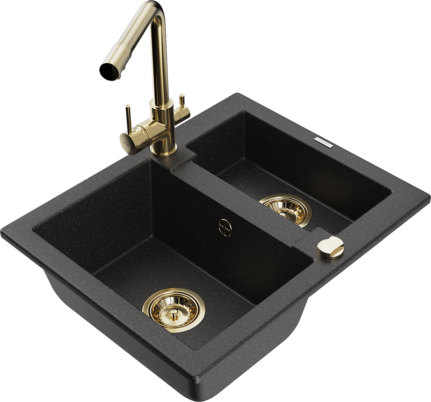 Mexen Carlos zlewozmywak granitowy 1,5-komorowy z baterią kuchenną Duero, czarny/srebrny metalik - 6518-73-671600-50