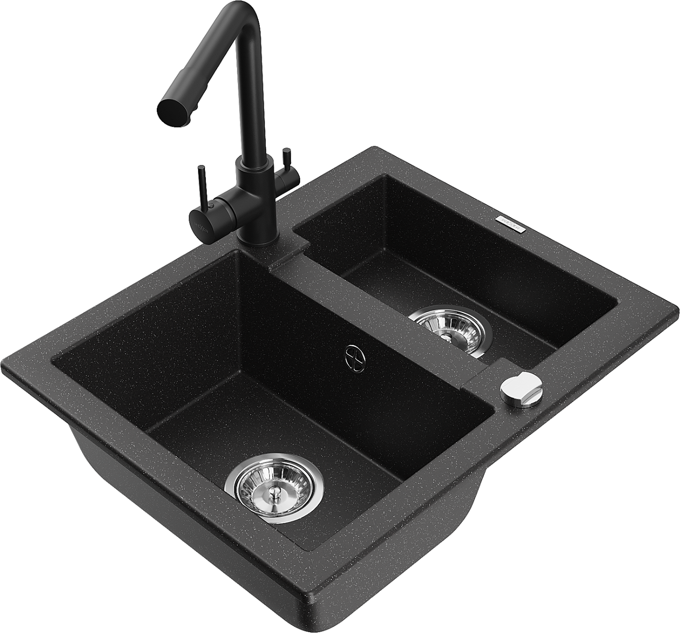 Mexen Carlos zlewozmywak granitowy 1,5-komorowy z baterią kuchenną Duero, czarny/srebrny metalik - 6518-73-671600-70