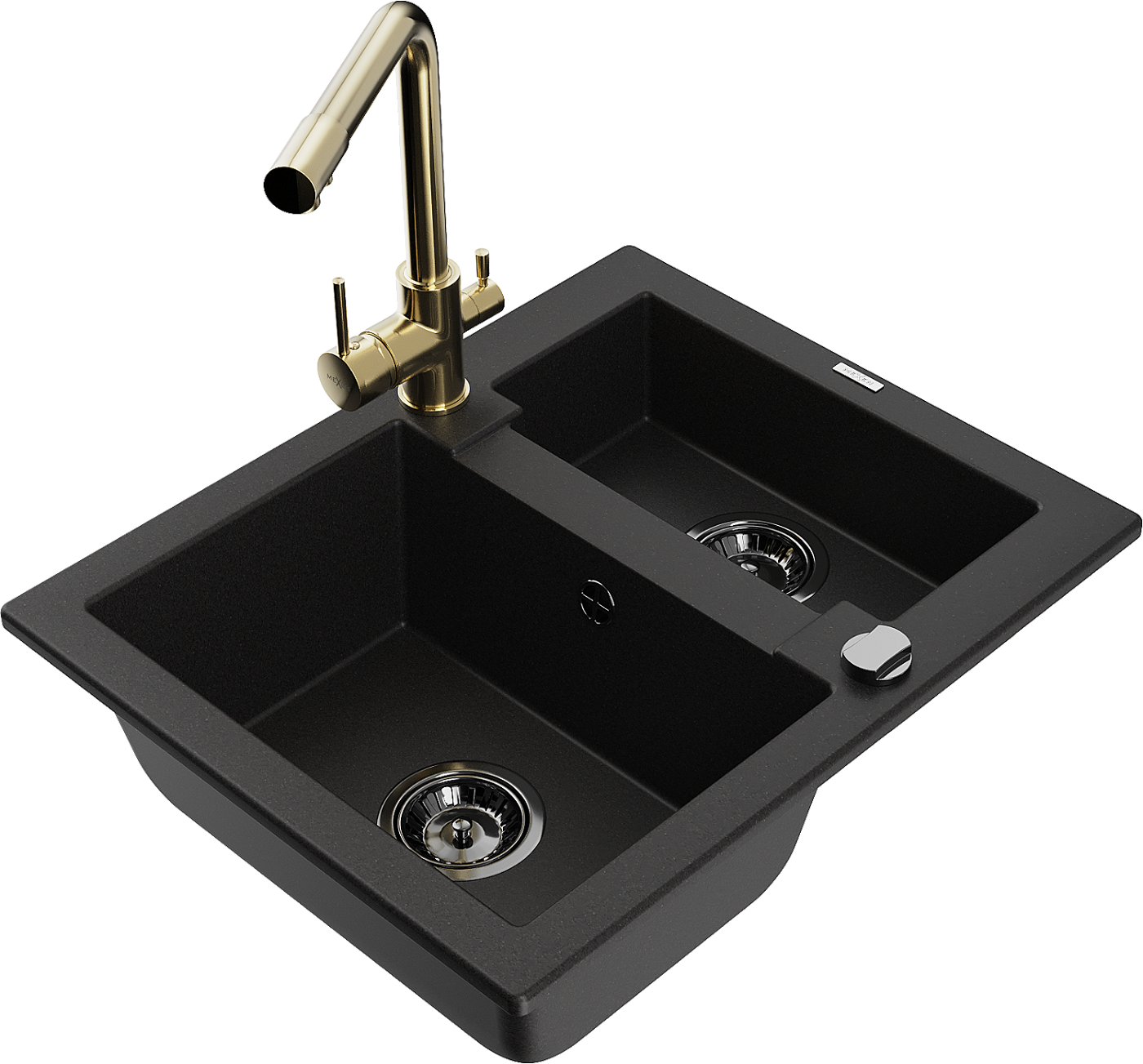 Mexen Carlos zlewozmywak granitowy 1,5-komorowy z baterią kuchenną Duero, czarny - 6518-77-671600-50-B