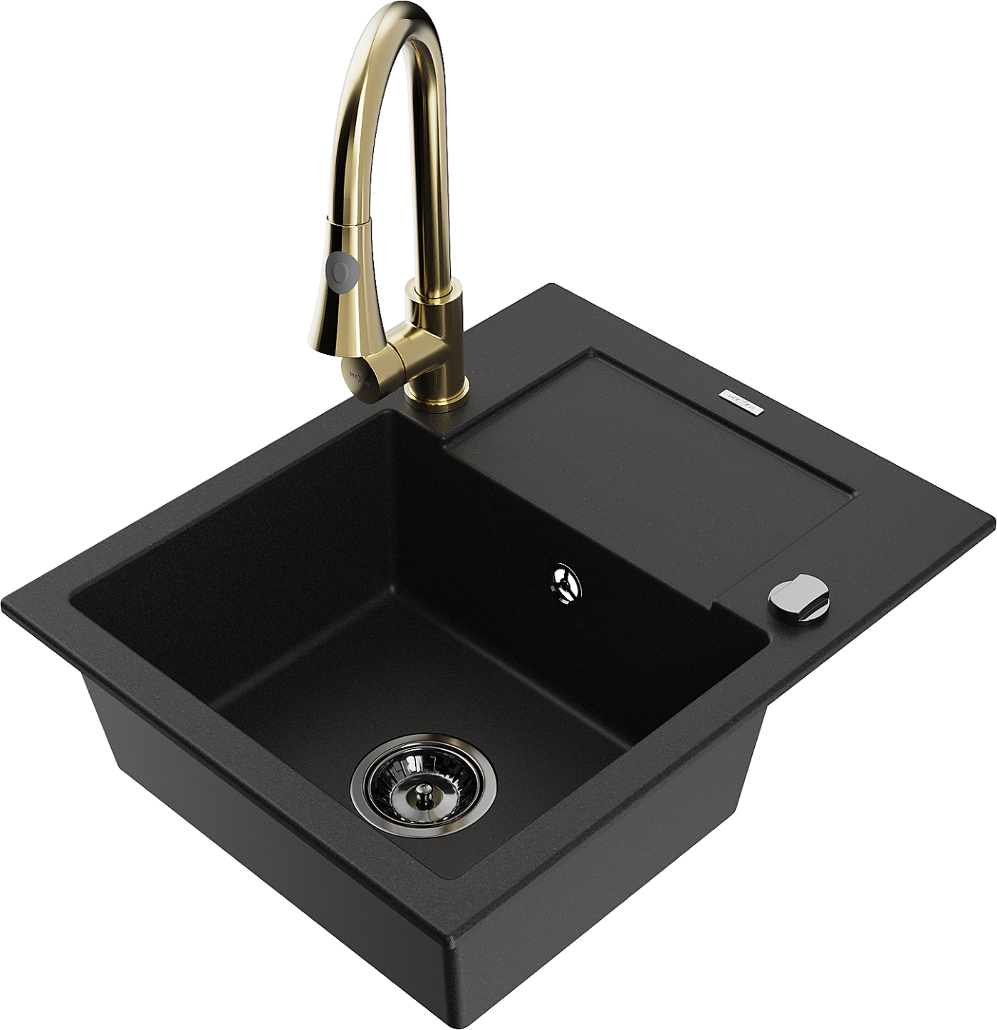 Mexen Enzo zlewozmywak granitowy 1-komorowy z ociekaczem i baterią kuchenną Elia, czarny - 6506-77-670101-50-B