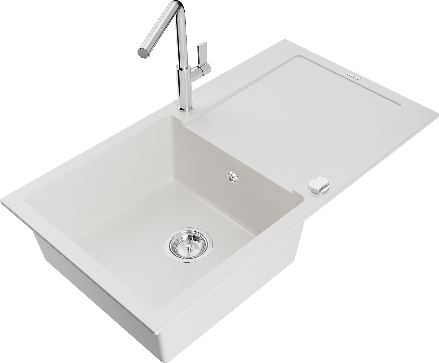 Mexen Leo zlewozmywak granitowy 1-komorowy z ociekaczem i baterią kuchenną Flora, biały - 6501-20-670401-00