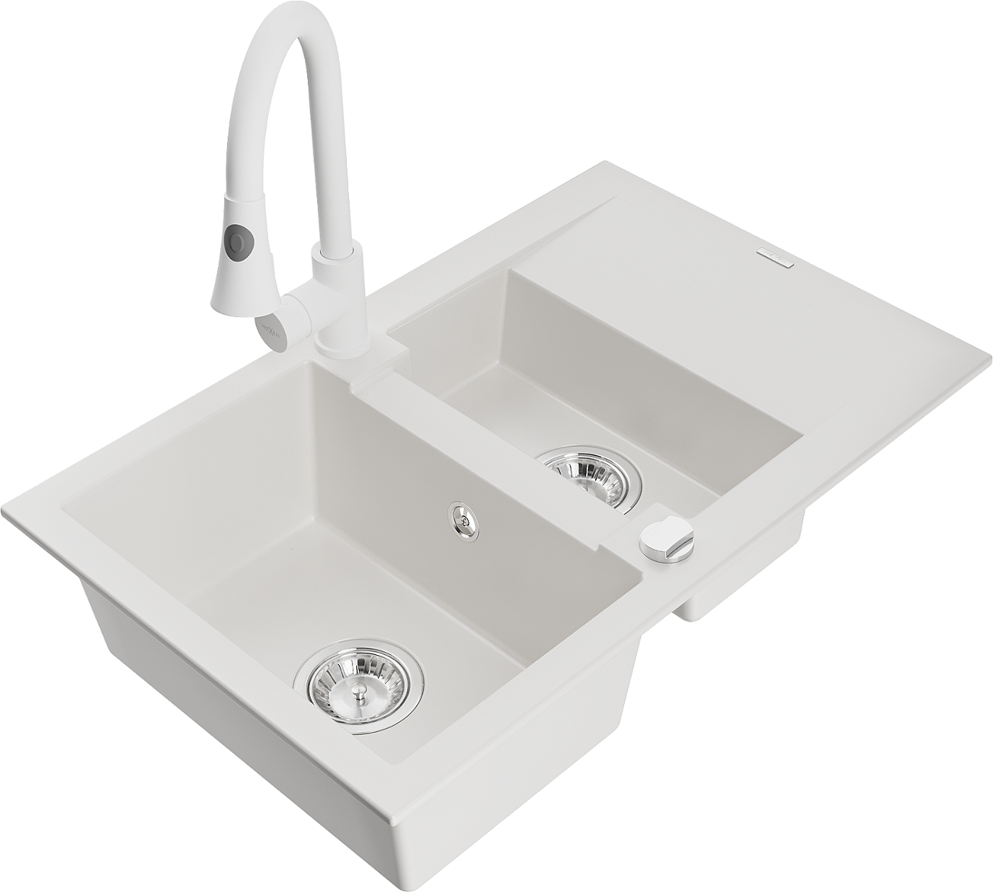 Mexen Gaspar zlewozmywak granitowy 1,5-komorowy z ociekaczem i baterią kuchenną Elia, biały - 6507-20-670101-20