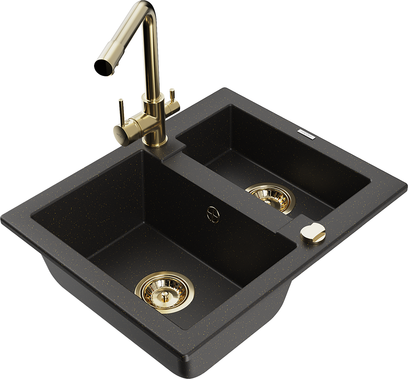 Mexen Carlos zlewozmywak granitowy 1,5-komorowy z baterią kuchenną Duero, czarny/złoty metalik - 6518-75-671600-50