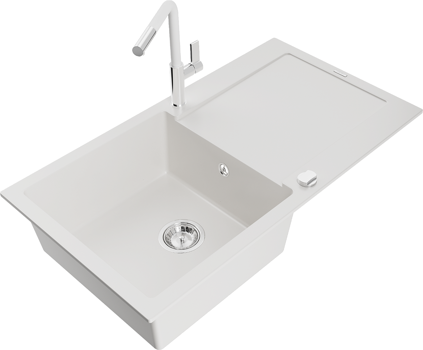 Mexen Leo zlewozmywak granitowy 1-komorowy z ociekaczem i baterią kuchenną Flora, biały - 6501-20-670401-02