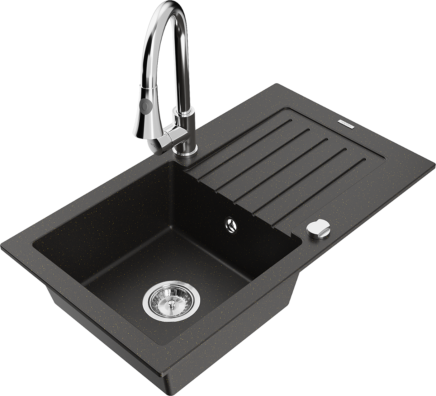 Mexen Pablo zlewozmywak granitowy 1-komorowy z ociekaczem i baterią kuchenną Elia, czarny/złoty metalik - 6510-75-670101-00