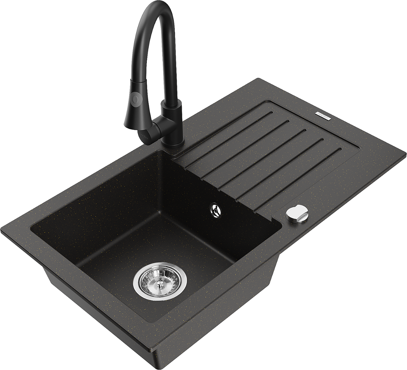 Mexen Pablo zlewozmywak granitowy 1-komorowy z ociekaczem i baterią kuchenną Elia, czarny/złoty metalik - 6510-75-670101-70