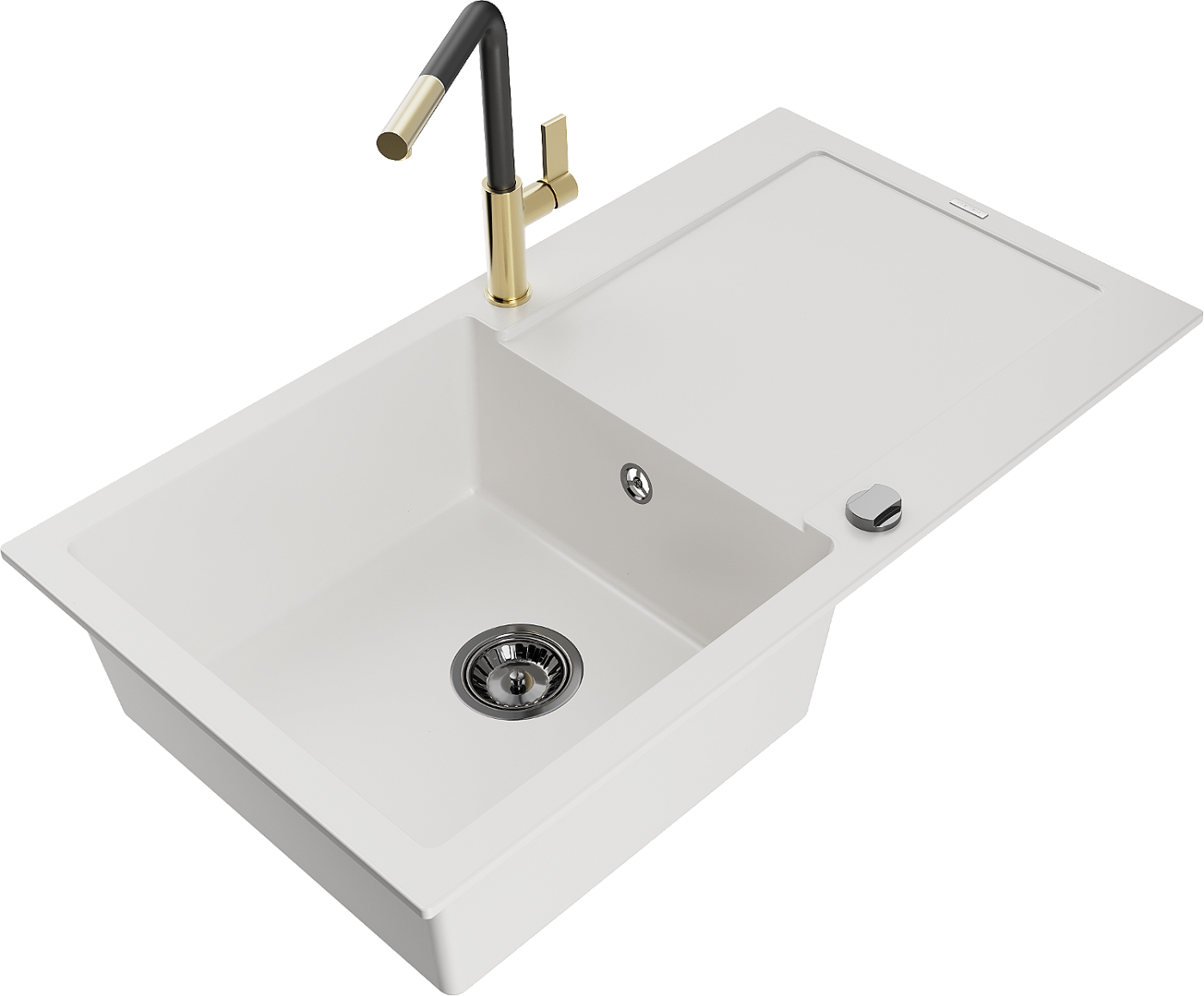 Mexen Leo zlewozmywak granitowy 1-komorowy z ociekaczem i baterią kuchenną Flora, biały - 6501-20-670401-57-B