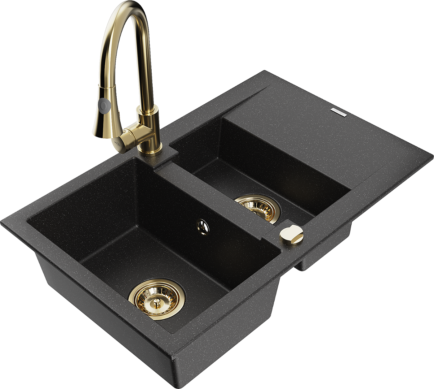 Mexen Gaspar zlewozmywak granitowy 1,5-komorowy z ociekaczem i baterią kuchenną Elia, czarny/srebrny metalik - 6507-73-670101-50