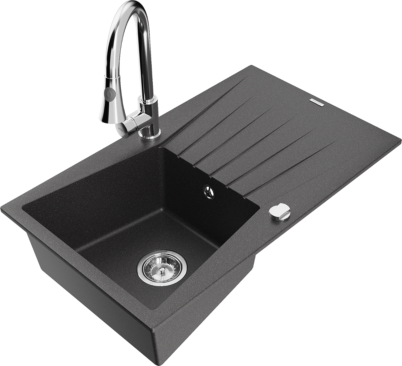 Mexen Cesar zlewozmywak granitowy 1-komorowy z ociekaczem i baterią kuchenną Elia, czarny nakrapiany - 6514-76-670101-00