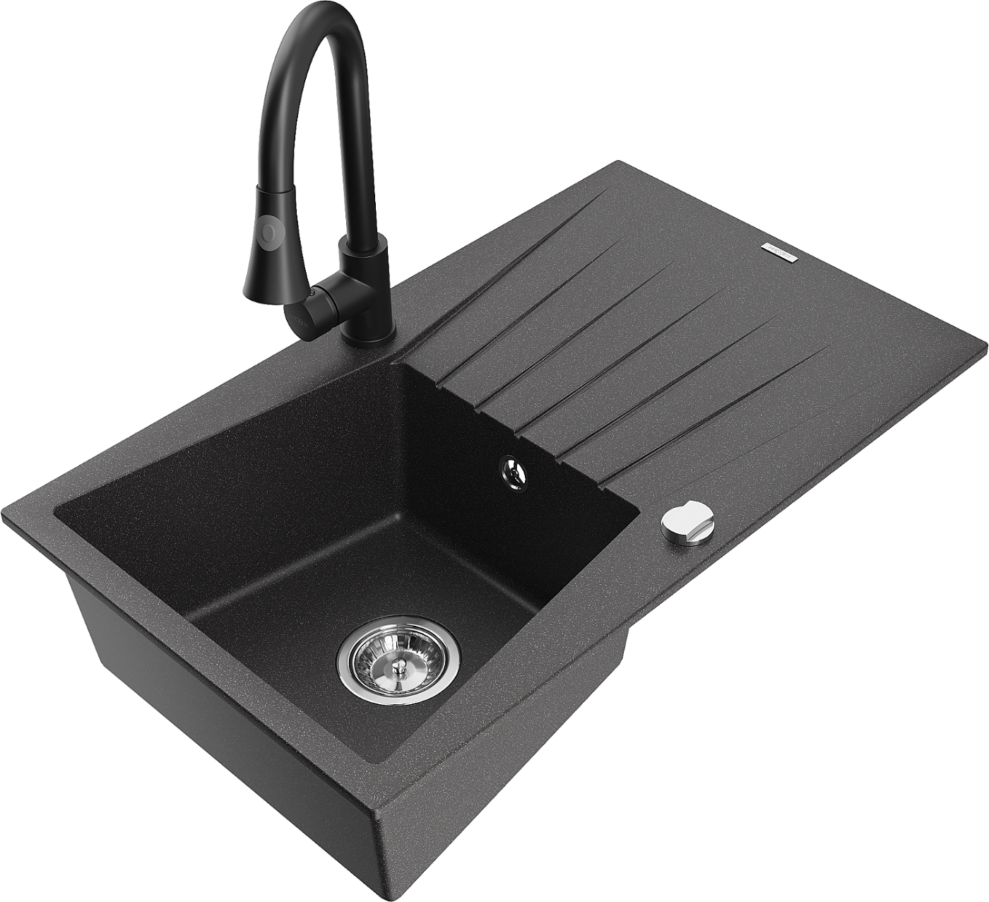 Mexen Cesar zlewozmywak granitowy 1-komorowy z ociekaczem i baterią kuchenną Elia, czarny nakrapiany - 6514-76-670101-70