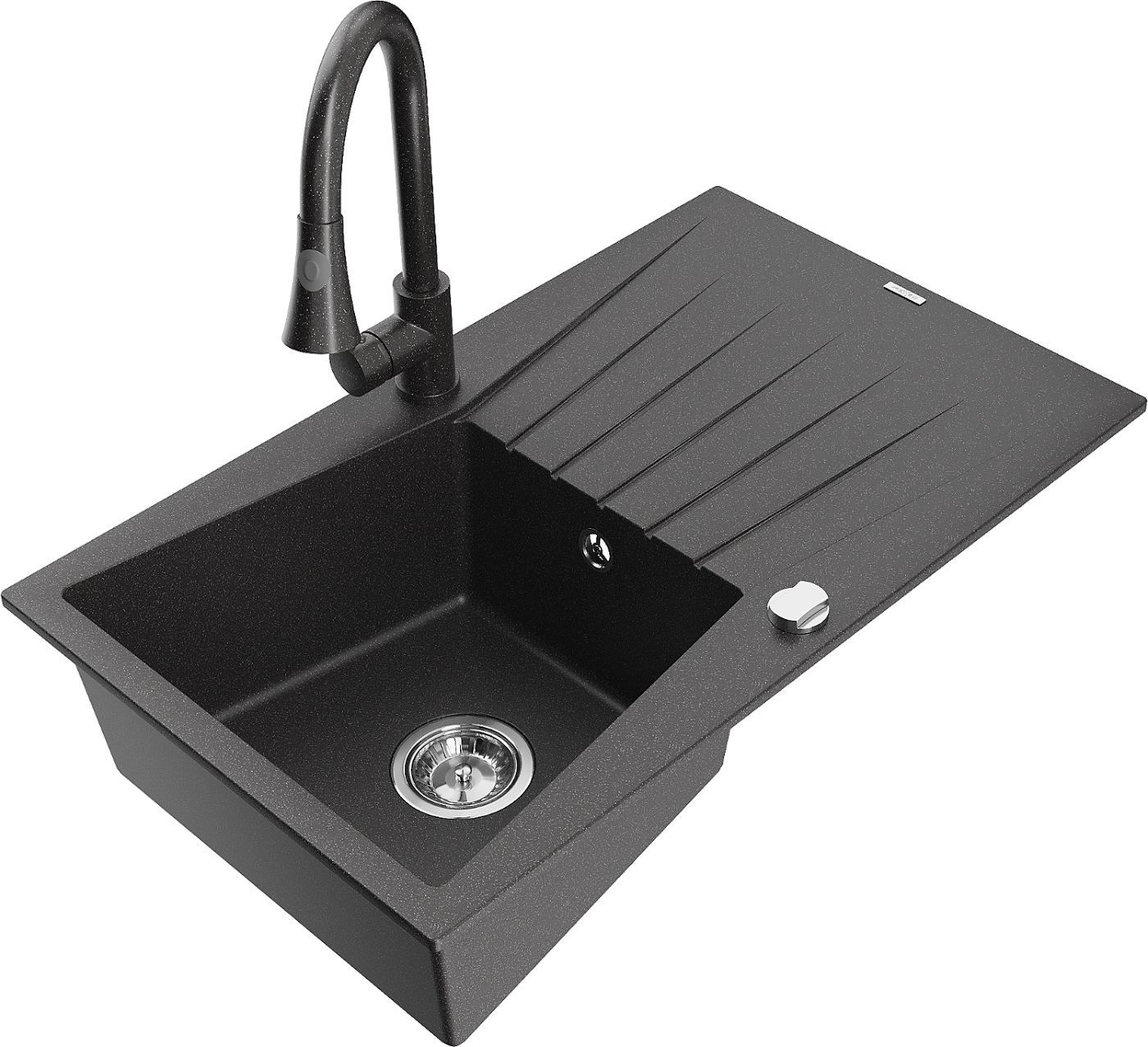 Mexen Cesar zlewozmywak granitowy 1-komorowy z ociekaczem i baterią kuchenną Elia, czarny nakrapiany - 6514-76-670101-76