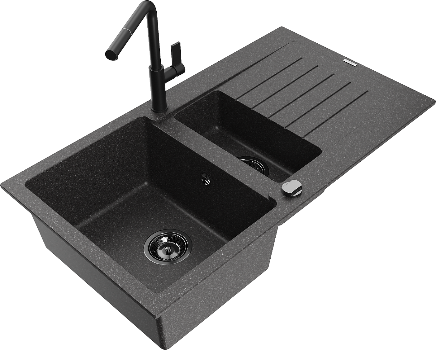 Mexen Matias zlewozmywak granitowy 1,5-komorowy z ociekaczem i baterią kuchenną Flora, czarny nakrapiany - 6502-76-670401-70-B
