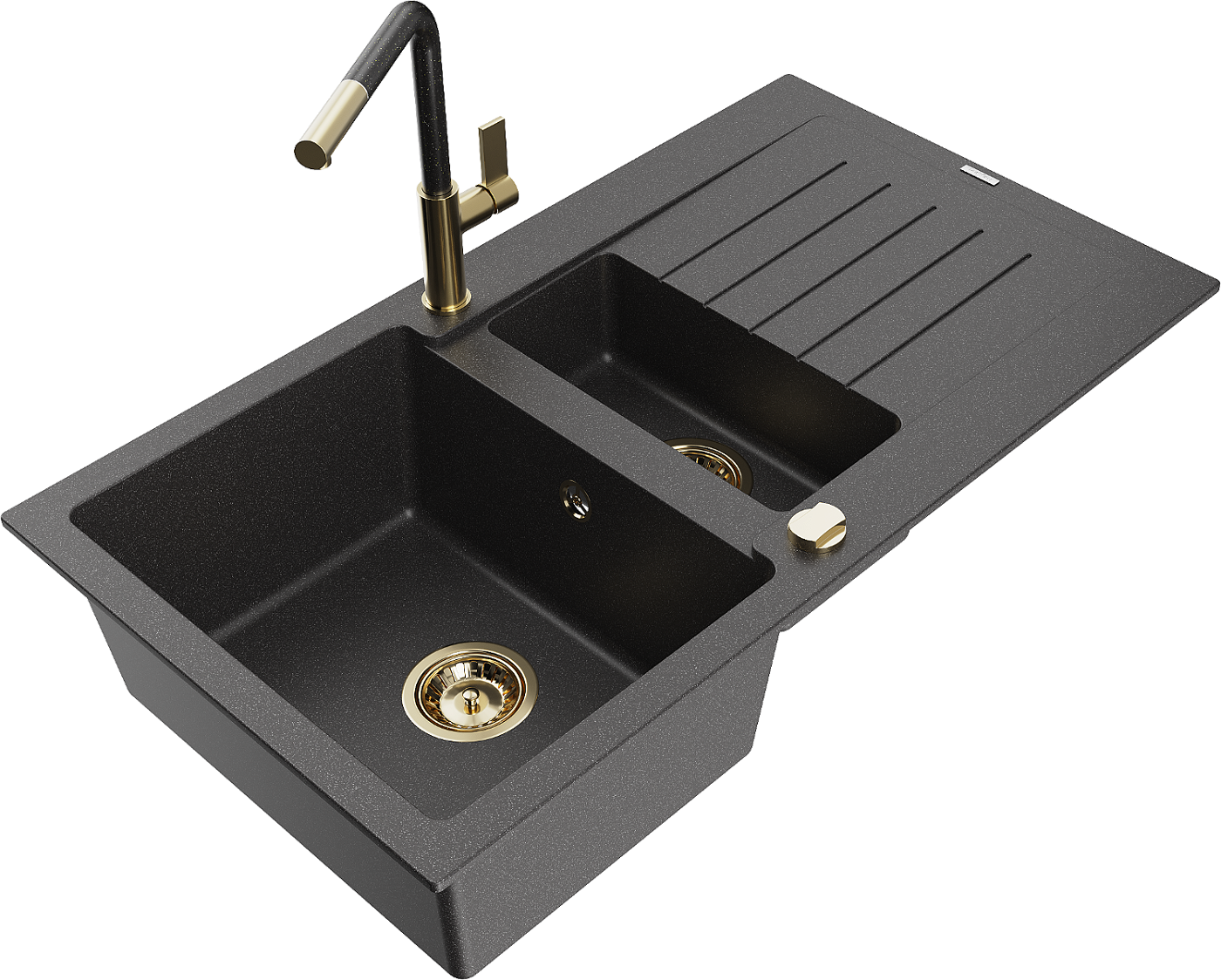 Mexen Matias zlewozmywak granitowy 1,5-komorowy z ociekaczem i baterią kuchenną Flora, czarny nakrapiany - 6502-76-670401-75-G