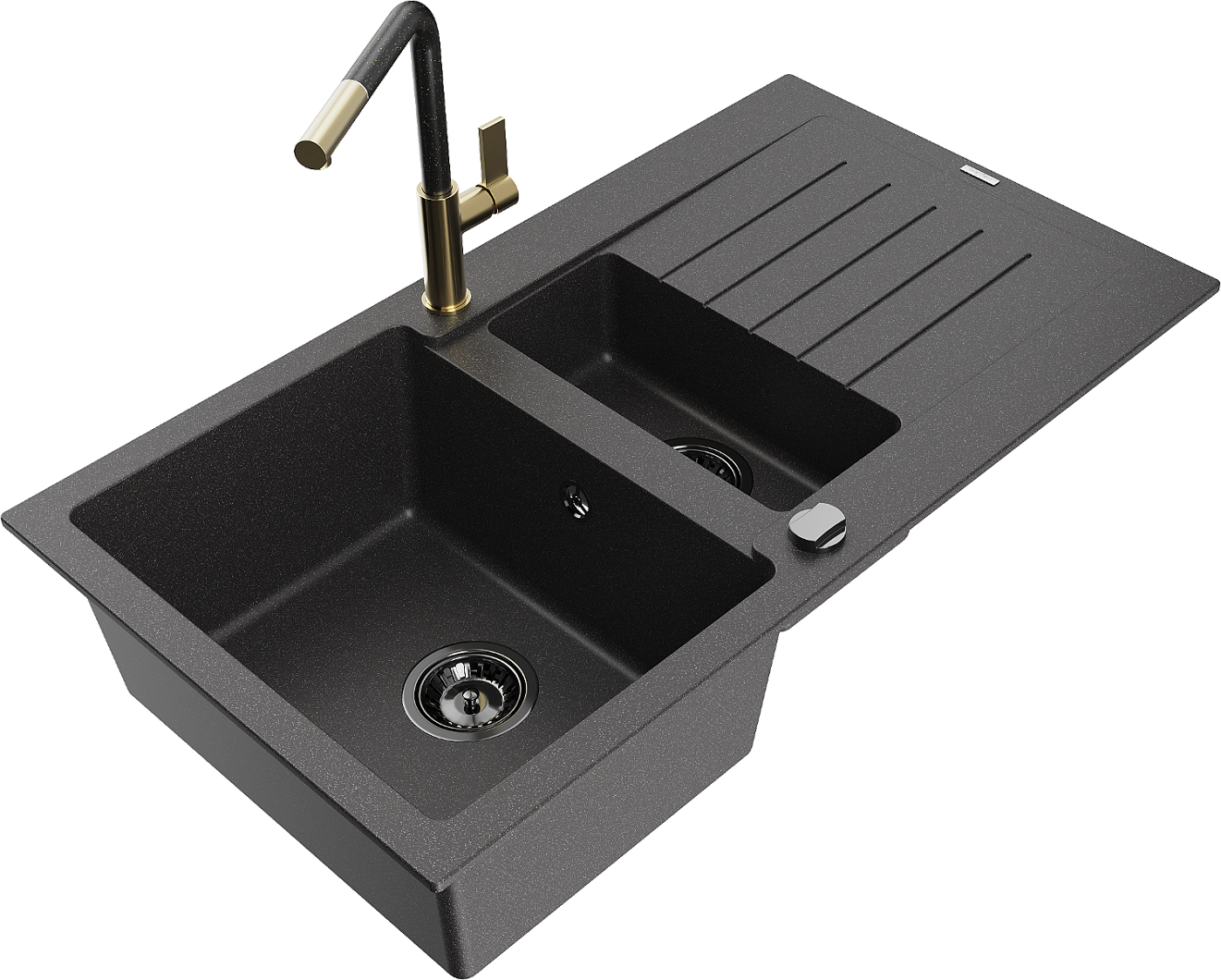 Mexen Matias zlewozmywak granitowy 1,5-komorowy z ociekaczem i baterią kuchenną Flora, czarny nakrapiany - 6502-76-670401-75-B