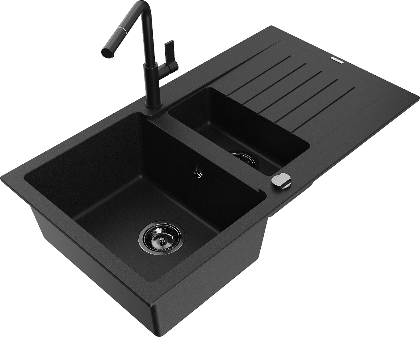 Mexen Matias zlewozmywak granitowy 1,5-komorowy z ociekaczem i baterią kuchenną Flora, czarny  - 6502-77-670401-70-B