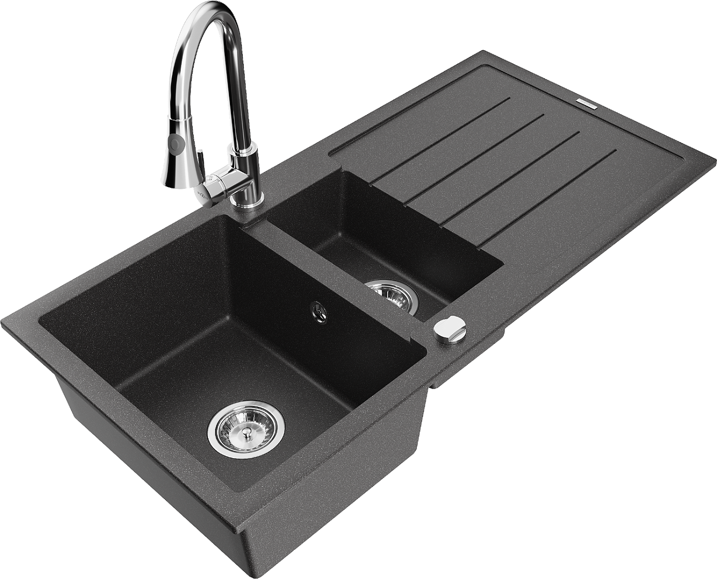 Mexen Andres zlewozmywak granitowy 1,5-komorowy z ociekaczem i baterią kuchenną Elia, czarny nakrapiany - 6515-76-670101-00