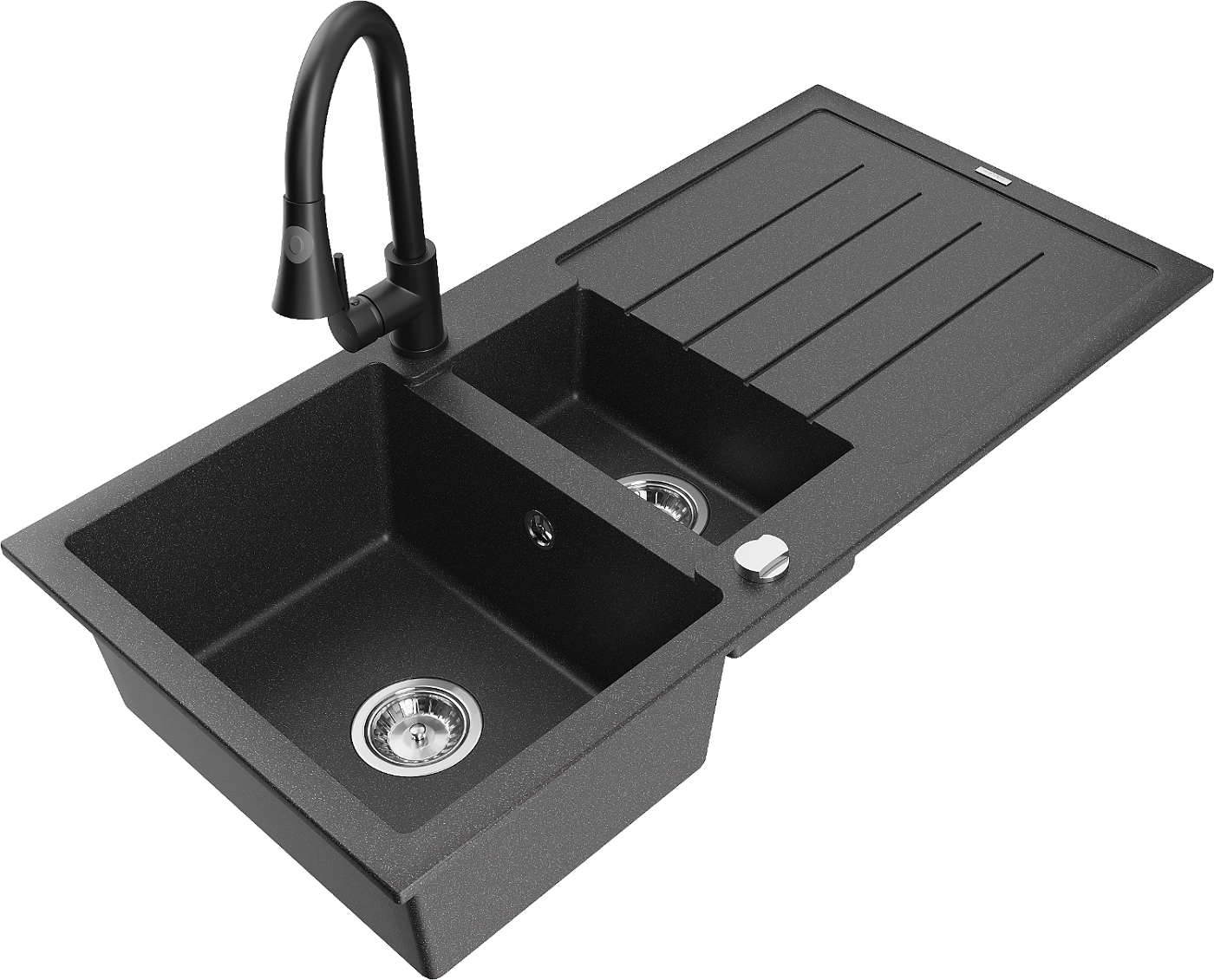 Mexen Andres zlewozmywak granitowy 1,5-komorowy z ociekaczem i baterią kuchenną Elia, czarny nakrapiany - 6515-76-670101-70