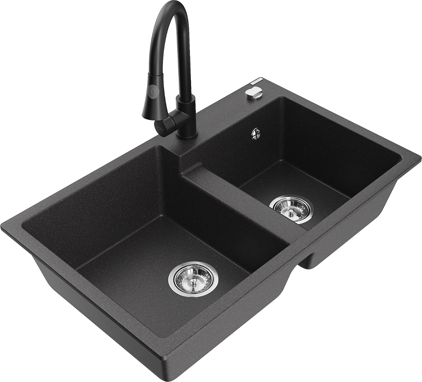 Mexen Tomas zlewozmywak granitowy 2-komorowy z baterią kuchenną Elia, czarny nakrapiany - 6516-76-670101-70
