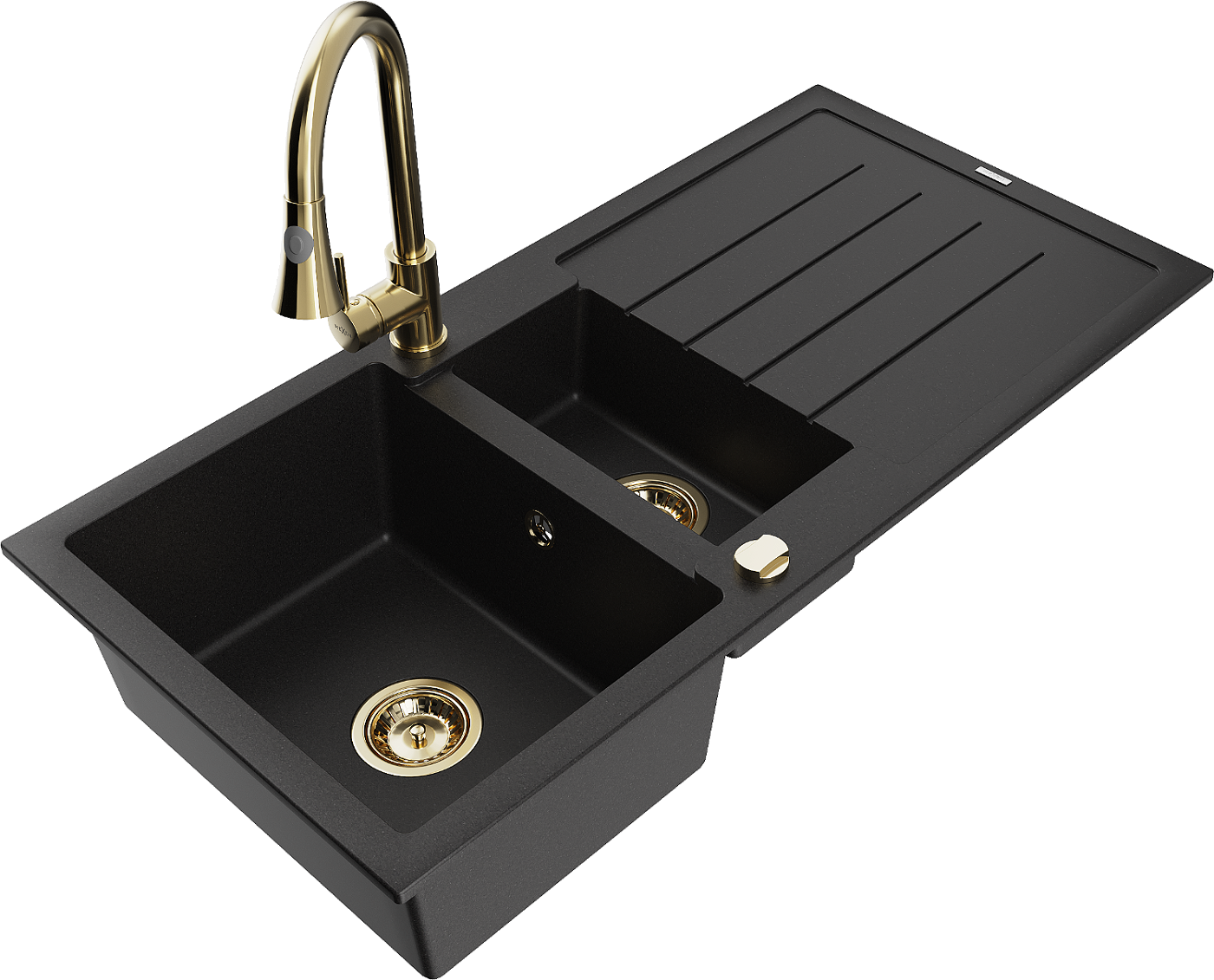 Mexen Andres zlewozmywak granitowy 1,5-komorowy z ociekaczem i baterią kuchenną Elia, czarny - 6515-77-670101-50