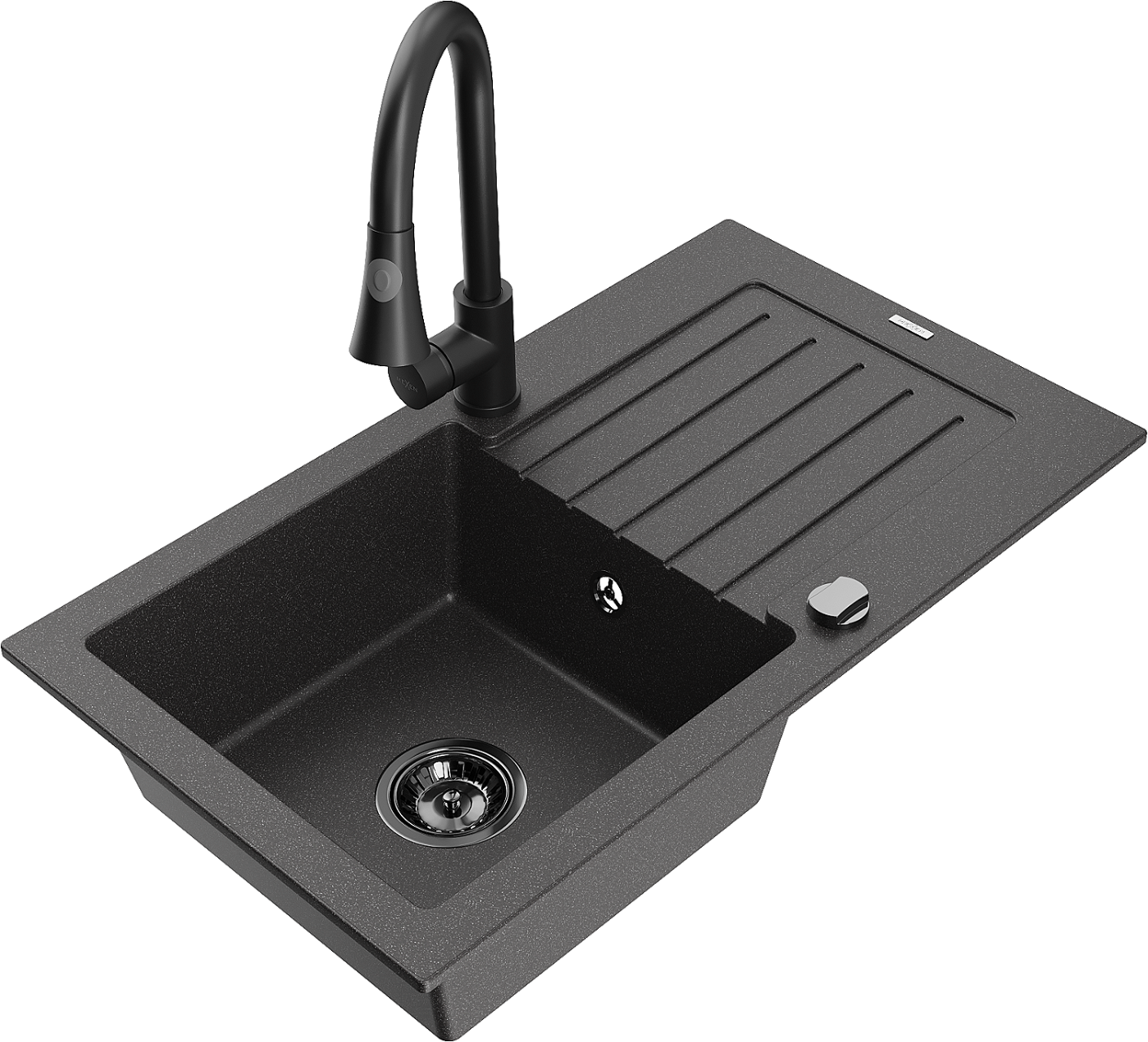 Mexen Pablo zlewozmywak granitowy 1-komorowy z ociekaczem i baterią kuchenną Elia, czarny nakrapiany - 6510-76-670101-70-B