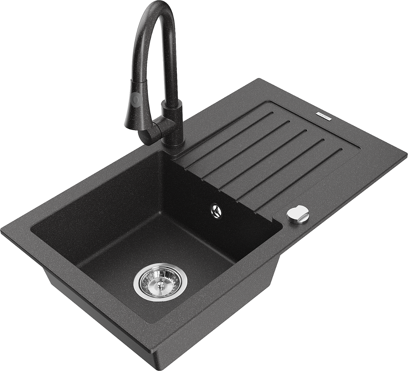 Mexen Pablo zlewozmywak granitowy 1-komorowy z ociekaczem i baterią kuchenną Elia, czarny nakrapiany - 6510-76-670101-76
