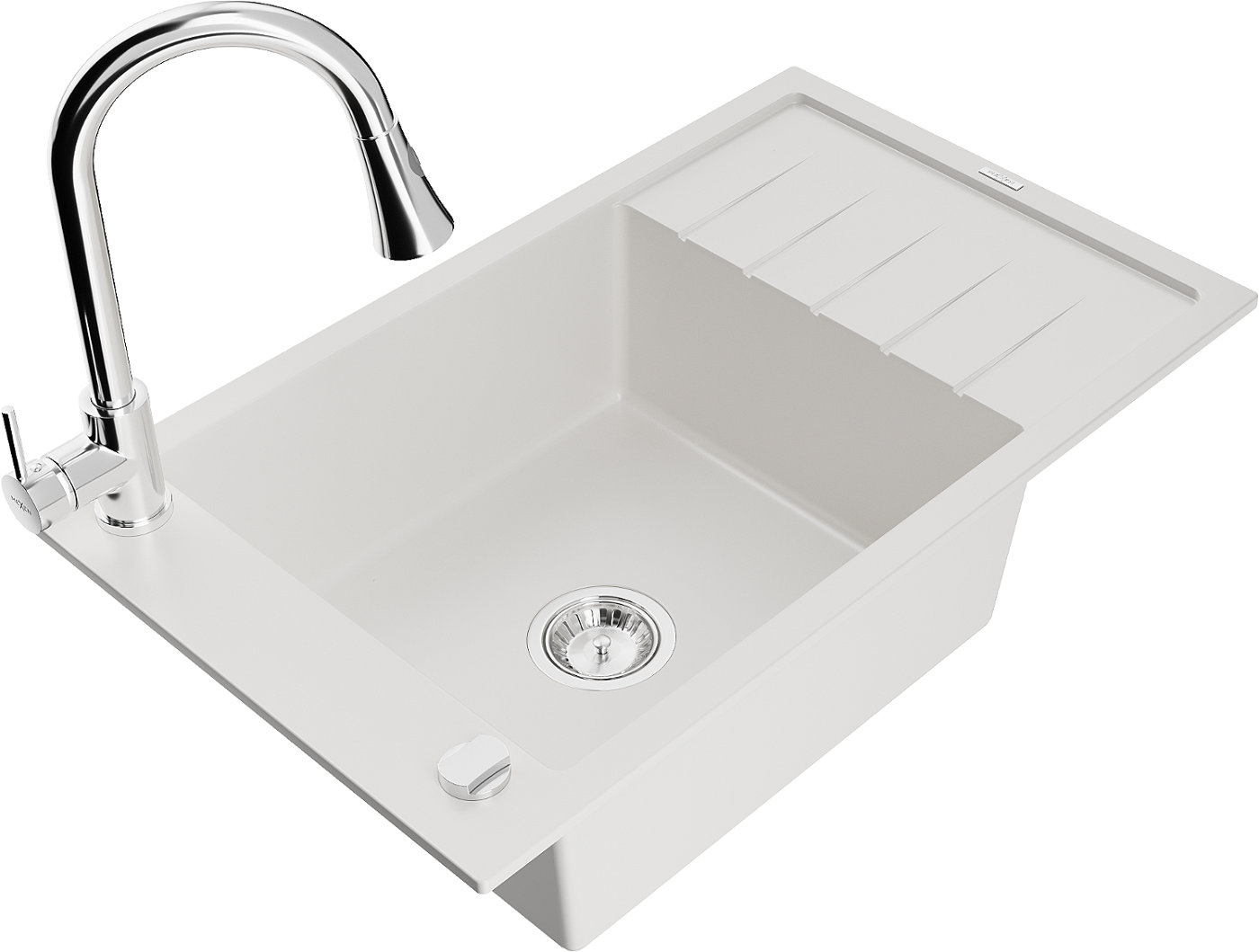 Mexen Elias zlewozmywak granitowy 1-komorowy z ociekaczem i baterią kuchenną Elia, biały - 6511-20-670101-00