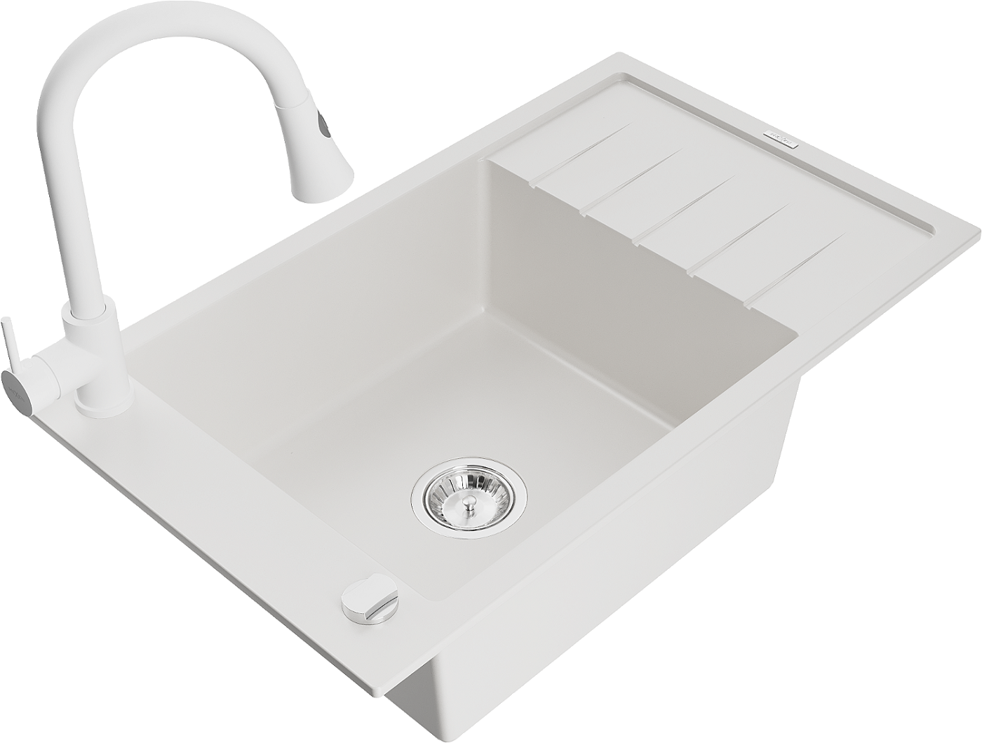 Mexen Elias zlewozmywak granitowy 1-komorowy z ociekaczem i baterią kuchenną Elia, biały - 6511-20-670101-20