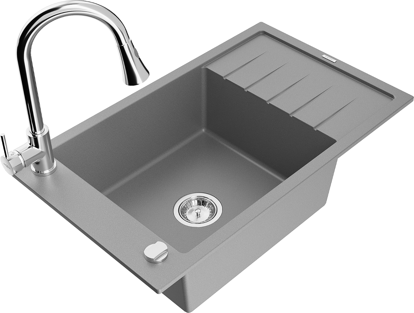 Mexen Elias zlewozmywak granitowy 1-komorowy z ociekaczem i baterią kuchenną Elia, szary - 6511-71-670101-00