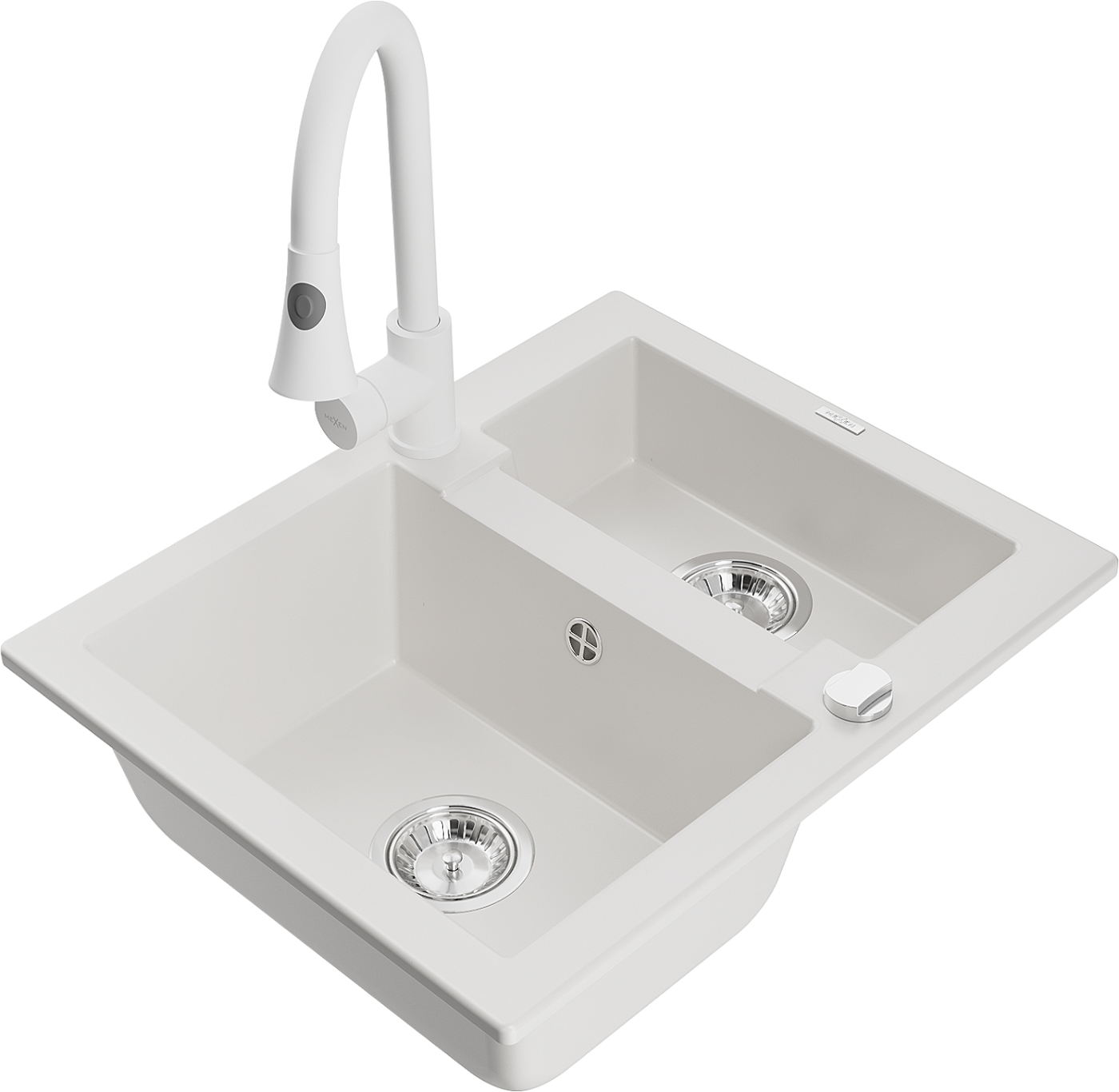 Mexen Carlos zlewozmywak granitowy 1,5-komorowy z baterią kuchenną Elia, biały - 6518-20-670101-20