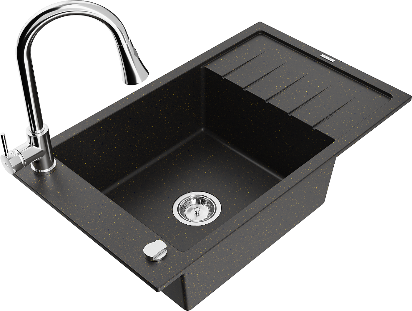 Mexen Elias zlewozmywak granitowy 1-komorowy z ociekaczem i baterią kuchenną Elia, czarny/złoty metalik - 6511-75-670101-00