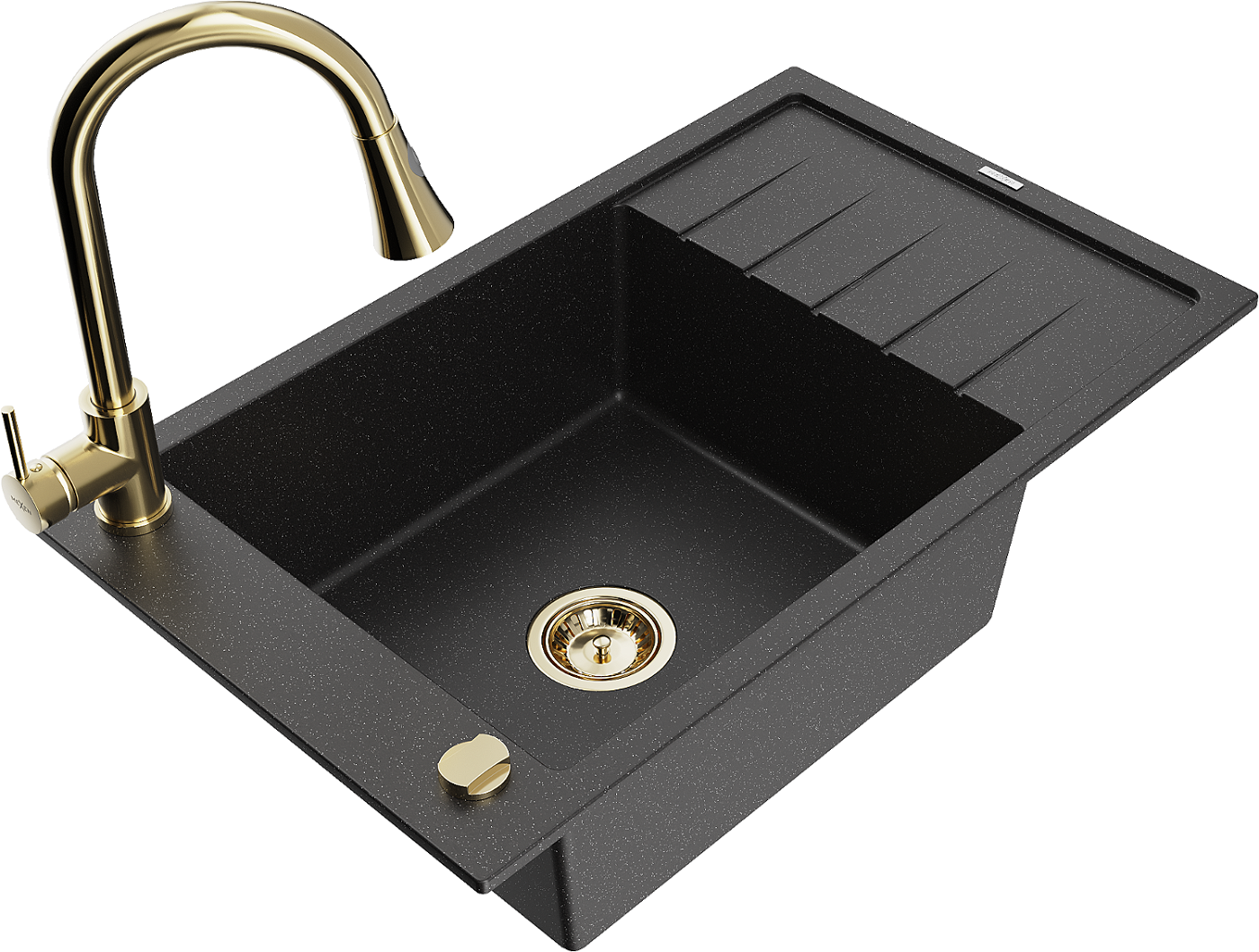 Mexen Elias zlewozmywak granitowy 1-komorowy z ociekaczem i baterią kuchenną Elia, czarny/srebrny metalik - 6511-73-670101-50