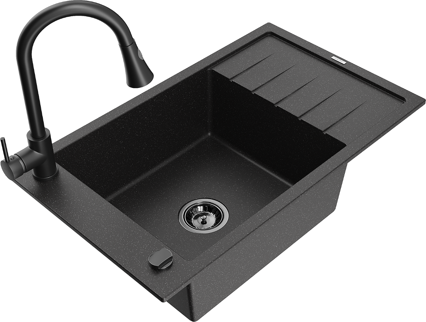 Mexen Elias zlewozmywak granitowy 1-komorowy z ociekaczem i baterią kuchenną Elia, czarny/srebrny metalik - 6511-73-670101-70-B