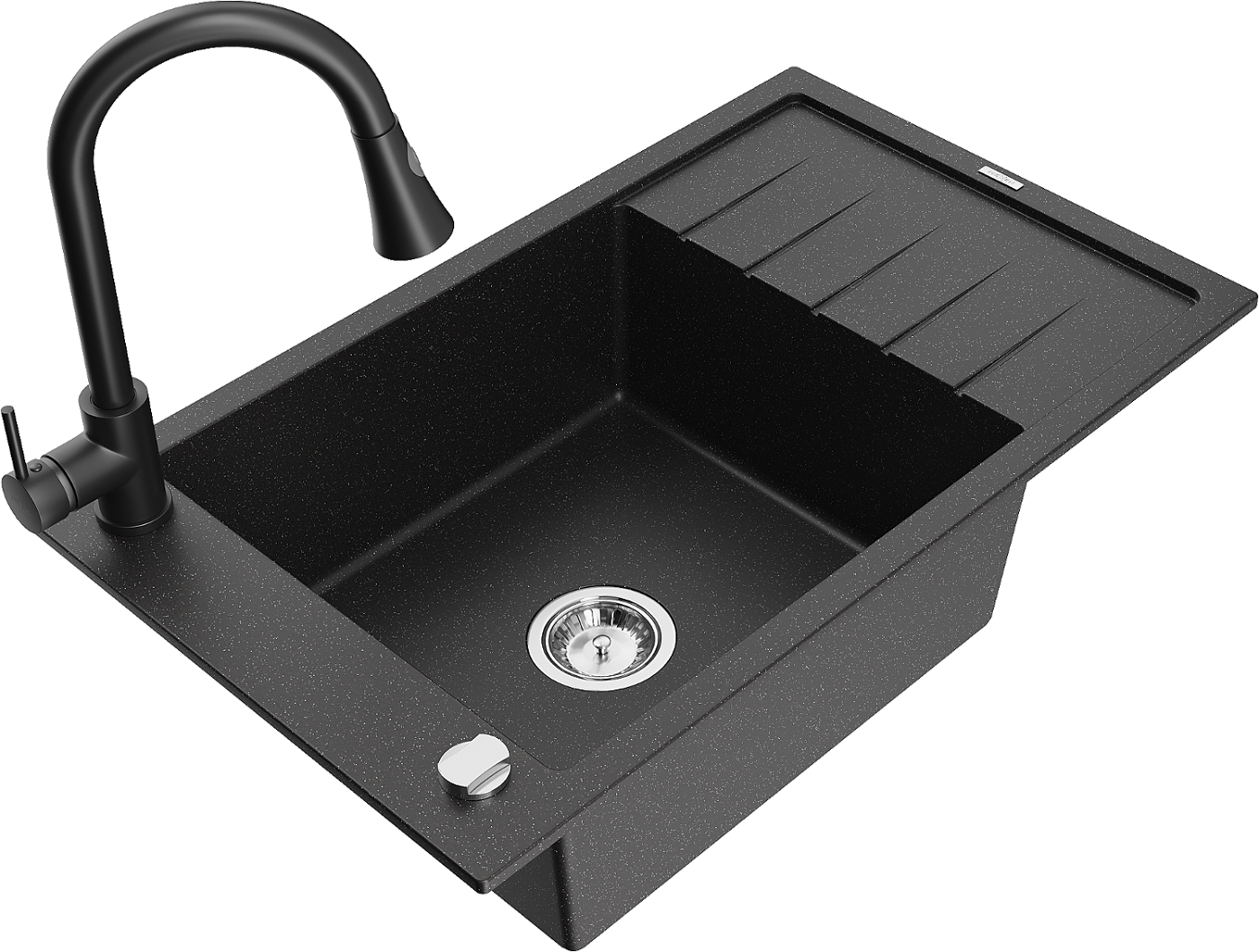 Mexen Elias zlewozmywak granitowy 1-komorowy z ociekaczem i baterią kuchenną Elia, czarny/srebrny metalik - 6511-73-670101-70