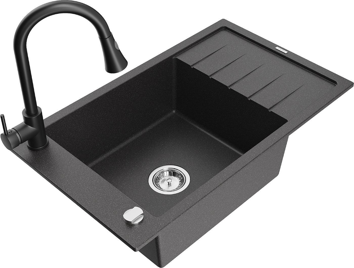 Mexen Elias zlewozmywak granitowy 1-komorowy z ociekaczem i baterią kuchenną Elia, czarny nakrapiany - 6511-76-670101-70