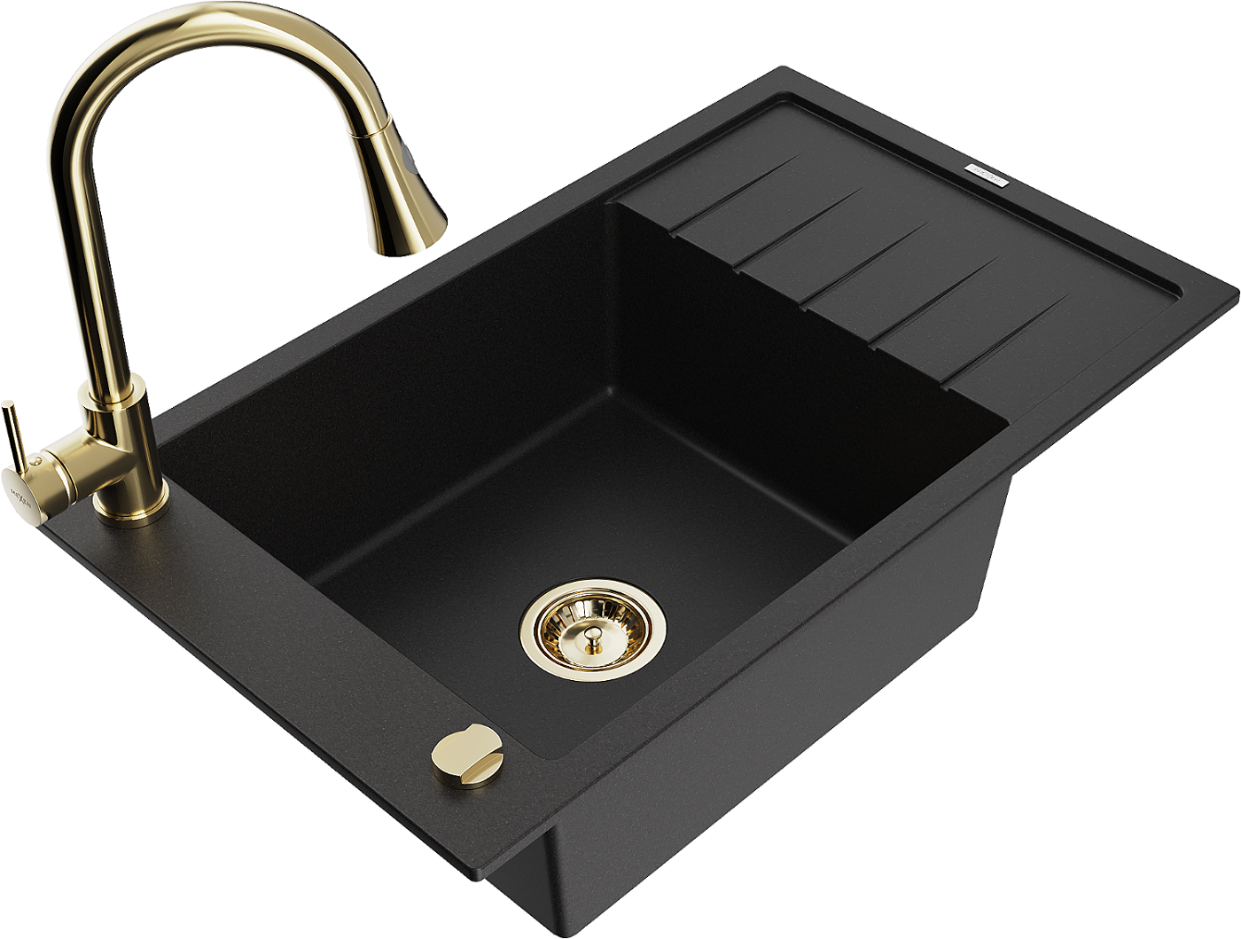 Mexen Elias zlewozmywak granitowy 1-komorowy z ociekaczem i baterią kuchenną Elia, czarny - 6511-77-670101-50