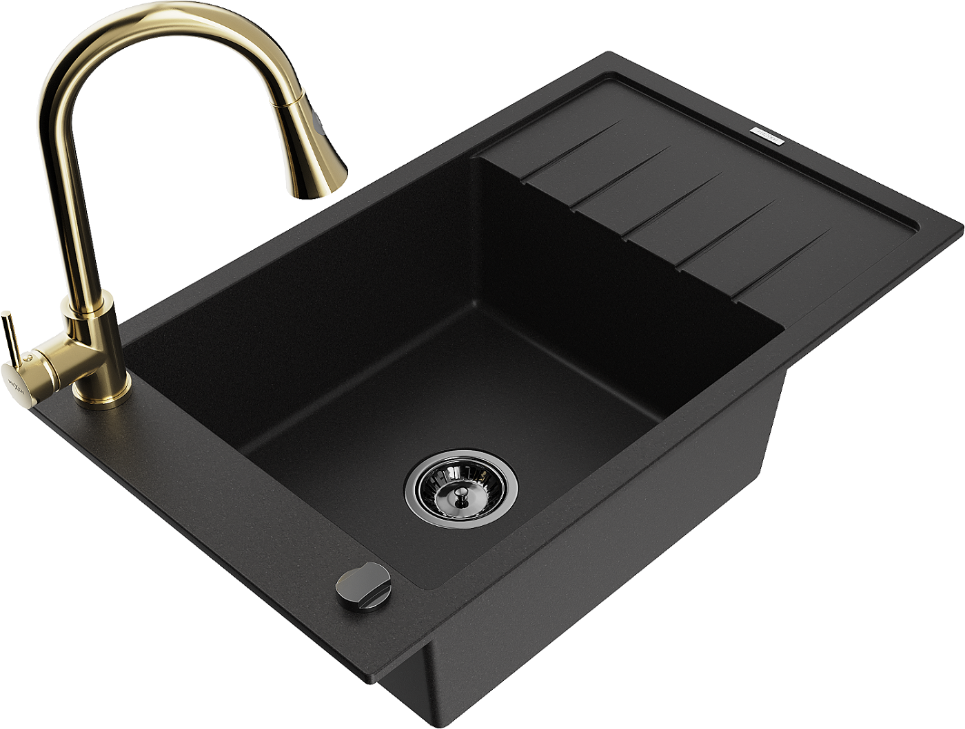 Mexen Elias zlewozmywak granitowy 1-komorowy z ociekaczem i baterią kuchenną Elia, czarny - 6511-77-670101-50-B