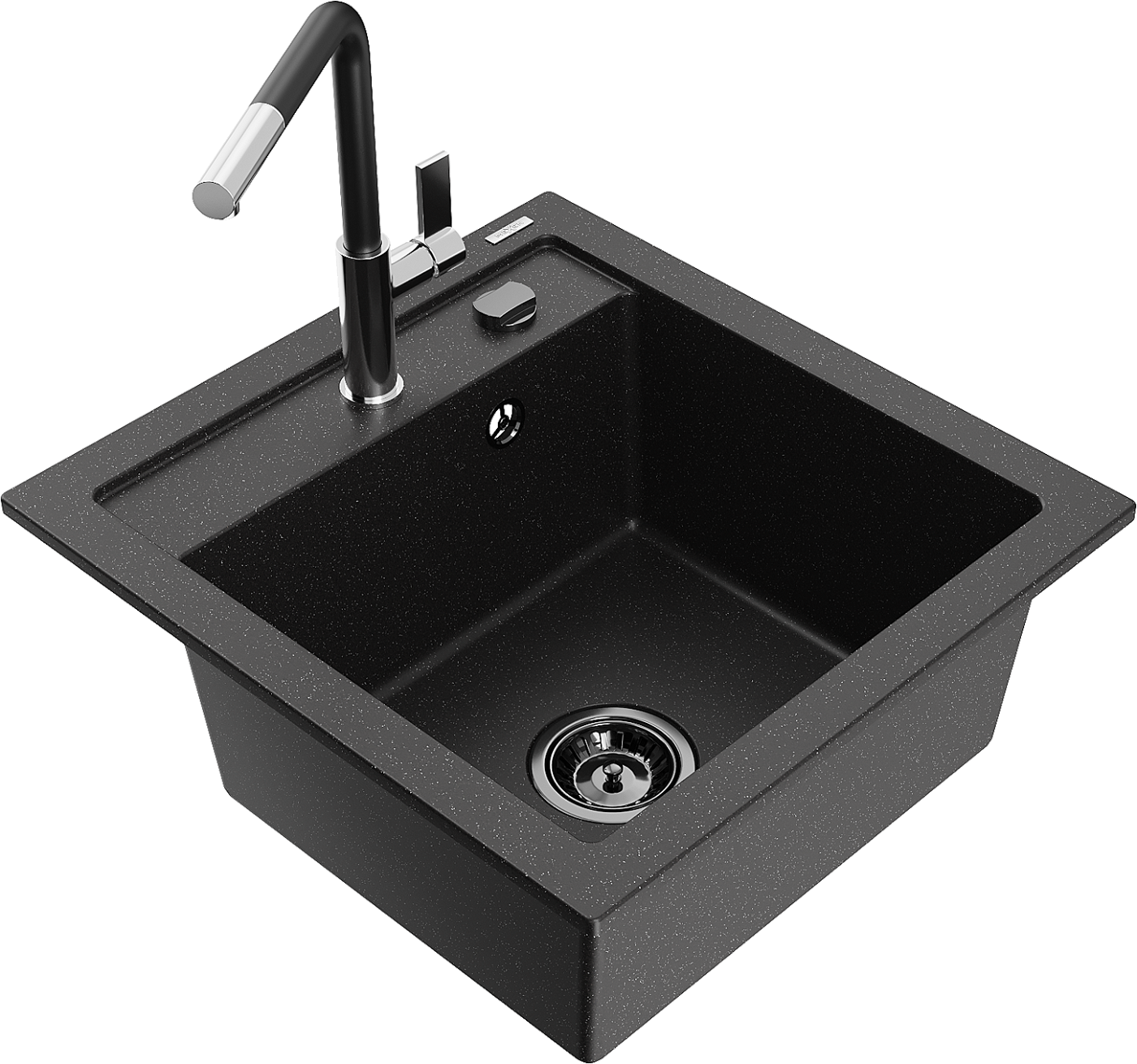 Mexen Vito zlewozmywak granitowy 1-komorowy z baterią kuchenną Flora, czarny/srebrny metalik - 6503-73-670401-07-B