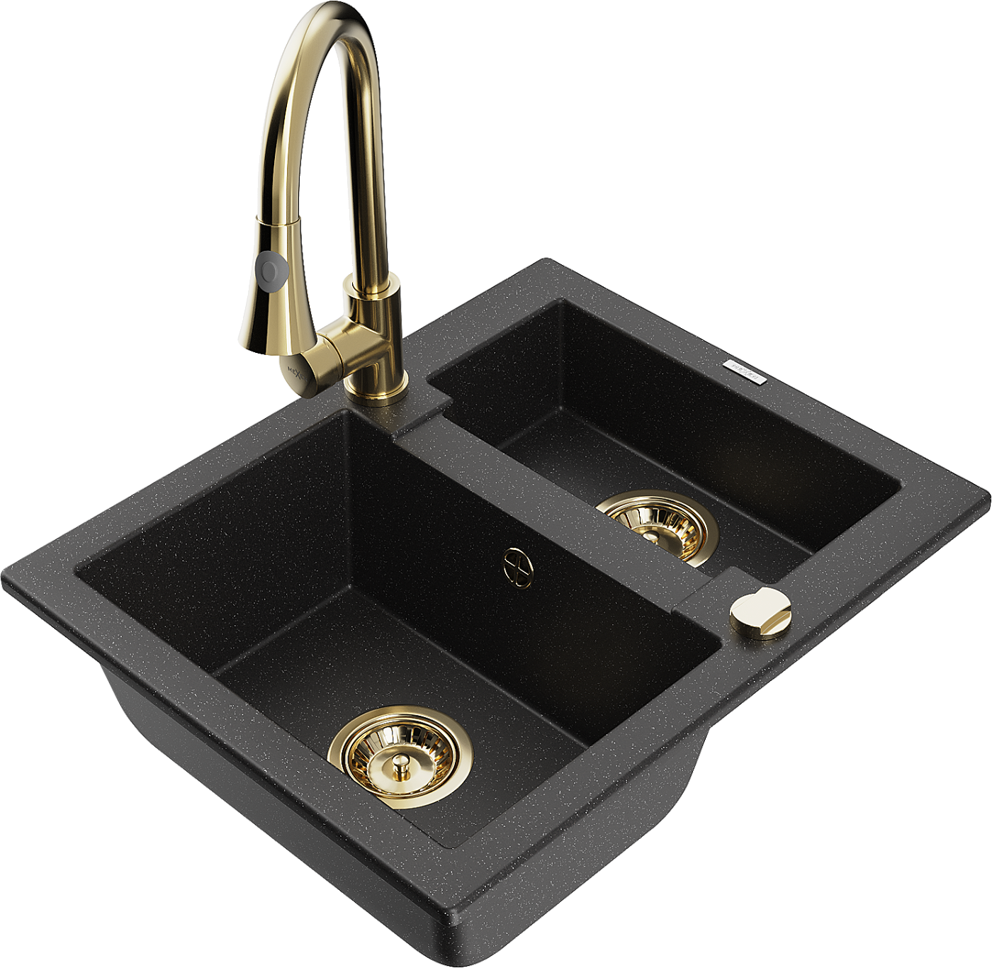 Mexen Carlos zlewozmywak granitowy 1,5-komorowy z baterią kuchenną Elia, czarny/srebrny metalik - 6518-73-670101-50