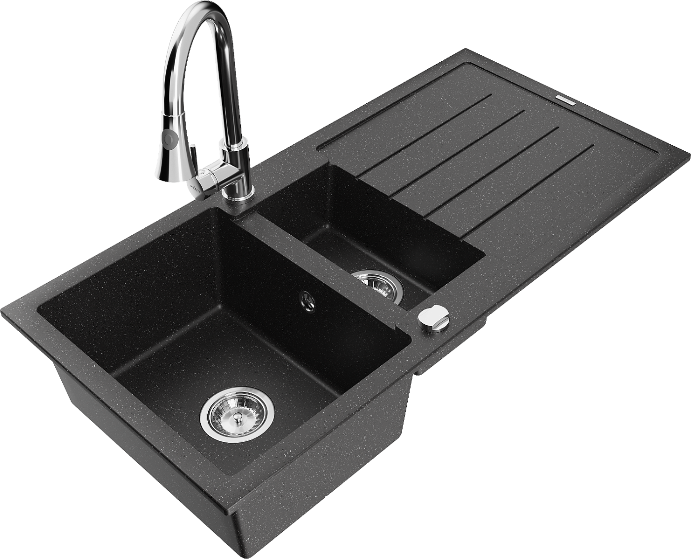Mexen Andres zlewozmywak granitowy 1,5-komorowy z ociekaczem i baterią kuchenną Elia, czarny/srebrny metalik - 6515-73-670101-00