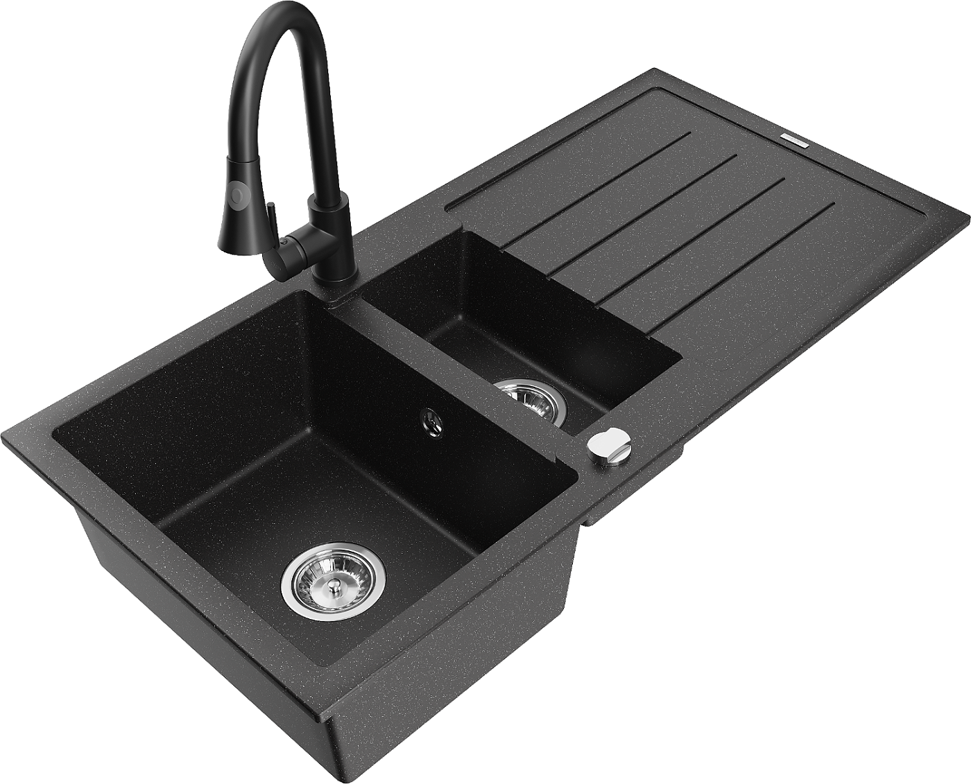 Mexen Andres zlewozmywak granitowy 1,5-komorowy z ociekaczem i baterią kuchenną Elia, czarny/srebrny metalik - 6515-73-670101-70