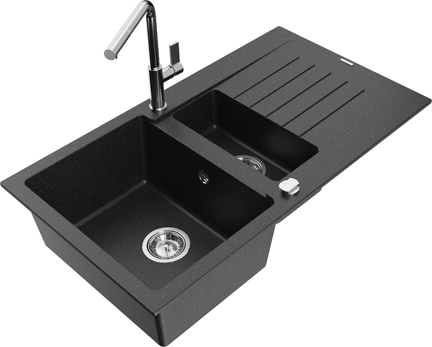 Mexen Matias zlewozmywak granitowy 1,5-komorowy z ociekaczem i baterią kuchenną Flora, czarny/srebrny - 6502-73-670401-00