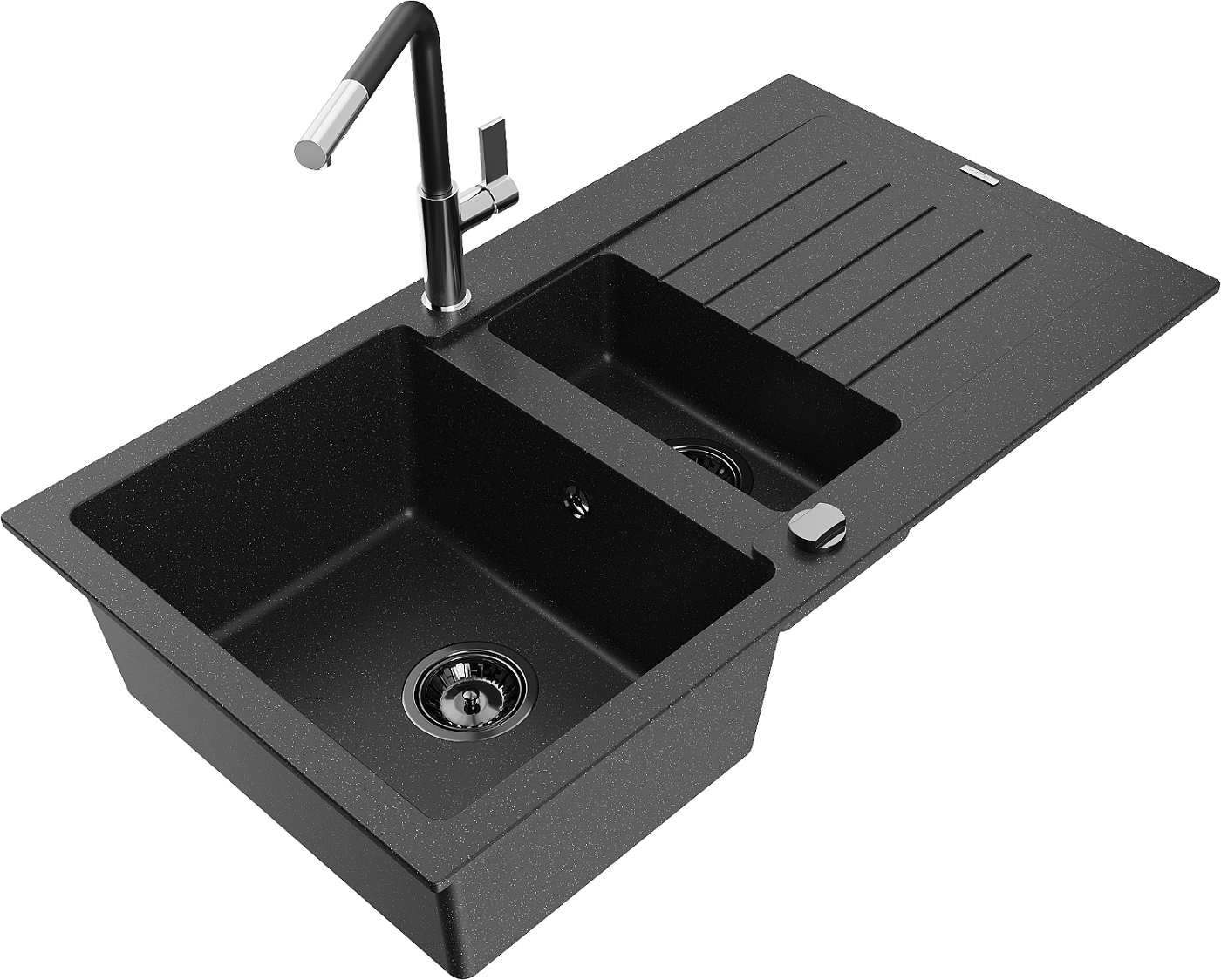 Mexen Matias zlewozmywak granitowy 1,5-komorowy z ociekaczem i baterią kuchenną Flora, czarny/srebrny - 6502-73-670401-07-B