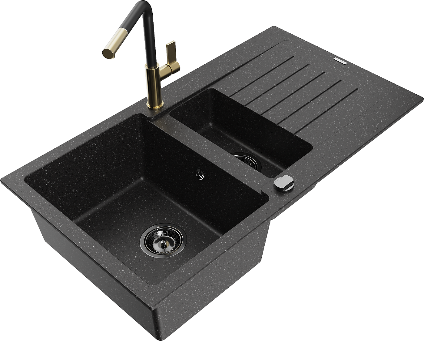 Mexen Matias zlewozmywak granitowy 1,5-komorowy z ociekaczem i baterią kuchenną Flora, czarny/srebrny - 6502-73-670401-57-B