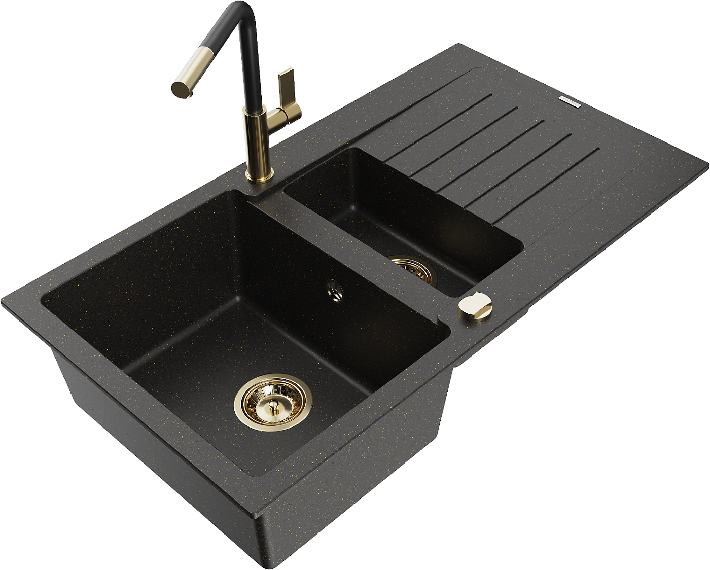 Mexen Matias zlewozmywak granitowy 1,5-komorowy z ociekaczem i baterią kuchenną Flora, czarny/złoty - 6502-75-670401-57-G