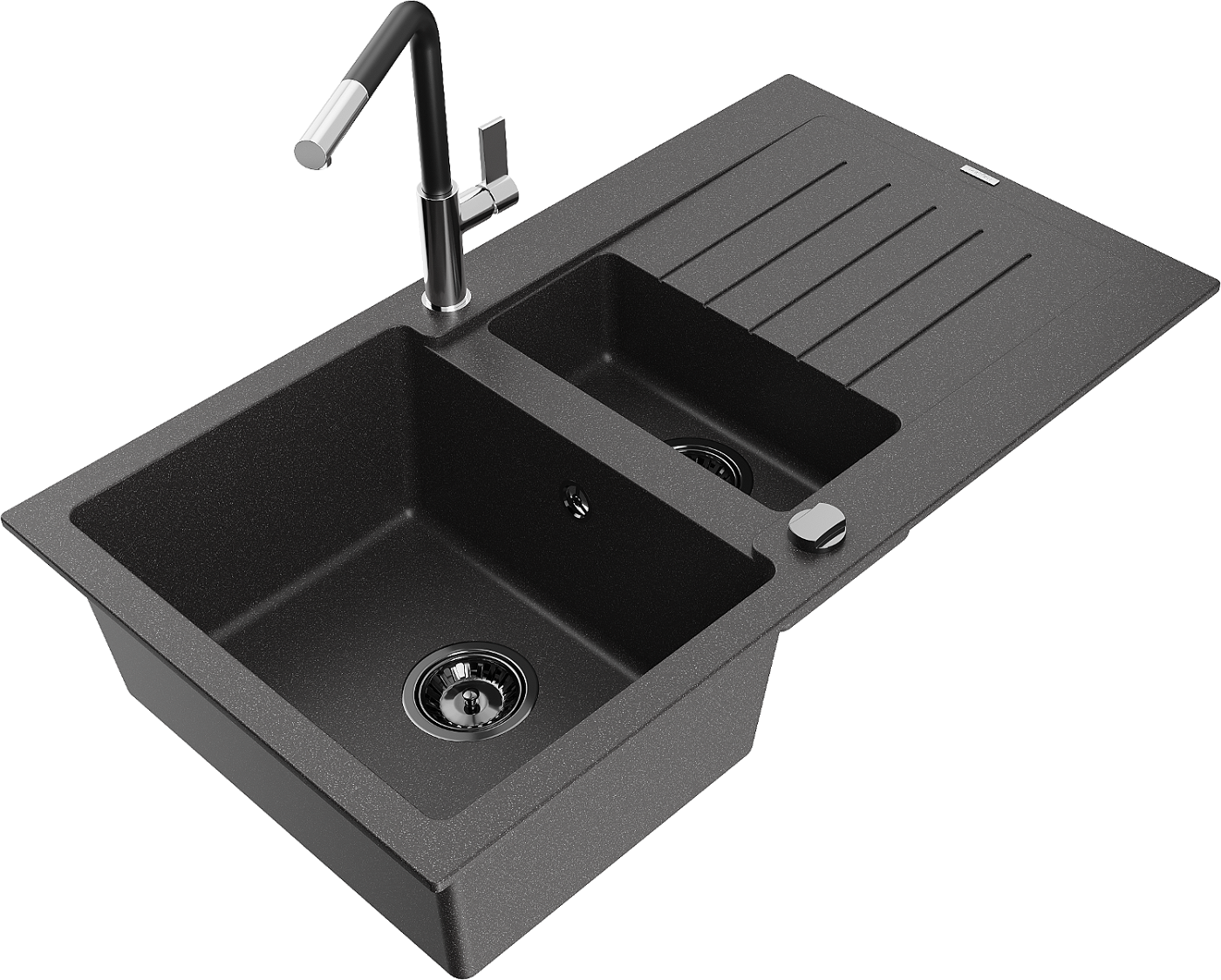 Mexen Matias zlewozmywak granitowy 1,5-komorowy z ociekaczem i baterią kuchenną Flora, czarny nakrapiany - 6502-76-670401-07-B