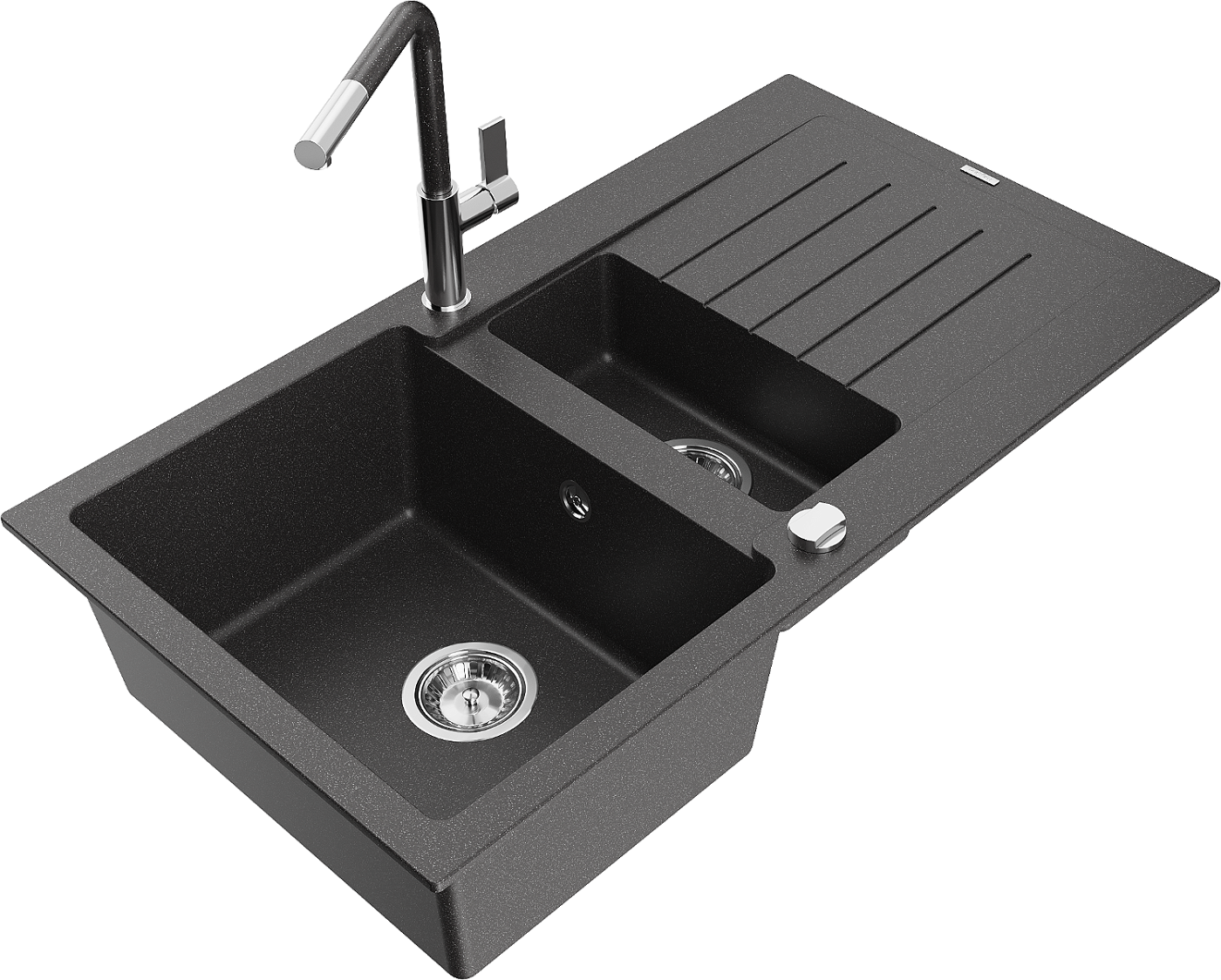 Mexen Matias zlewozmywak granitowy 1,5-komorowy z ociekaczem i baterią kuchenną Flora, czarny nakrapiany - 6502-76-670401-08