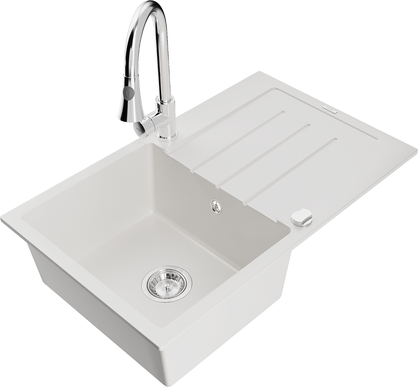 Mexen Bruno zlewozmywak granitowy 1-komorowy z ociekaczem i baterią kuchenną Elia, biały - 6513-20-670101-00