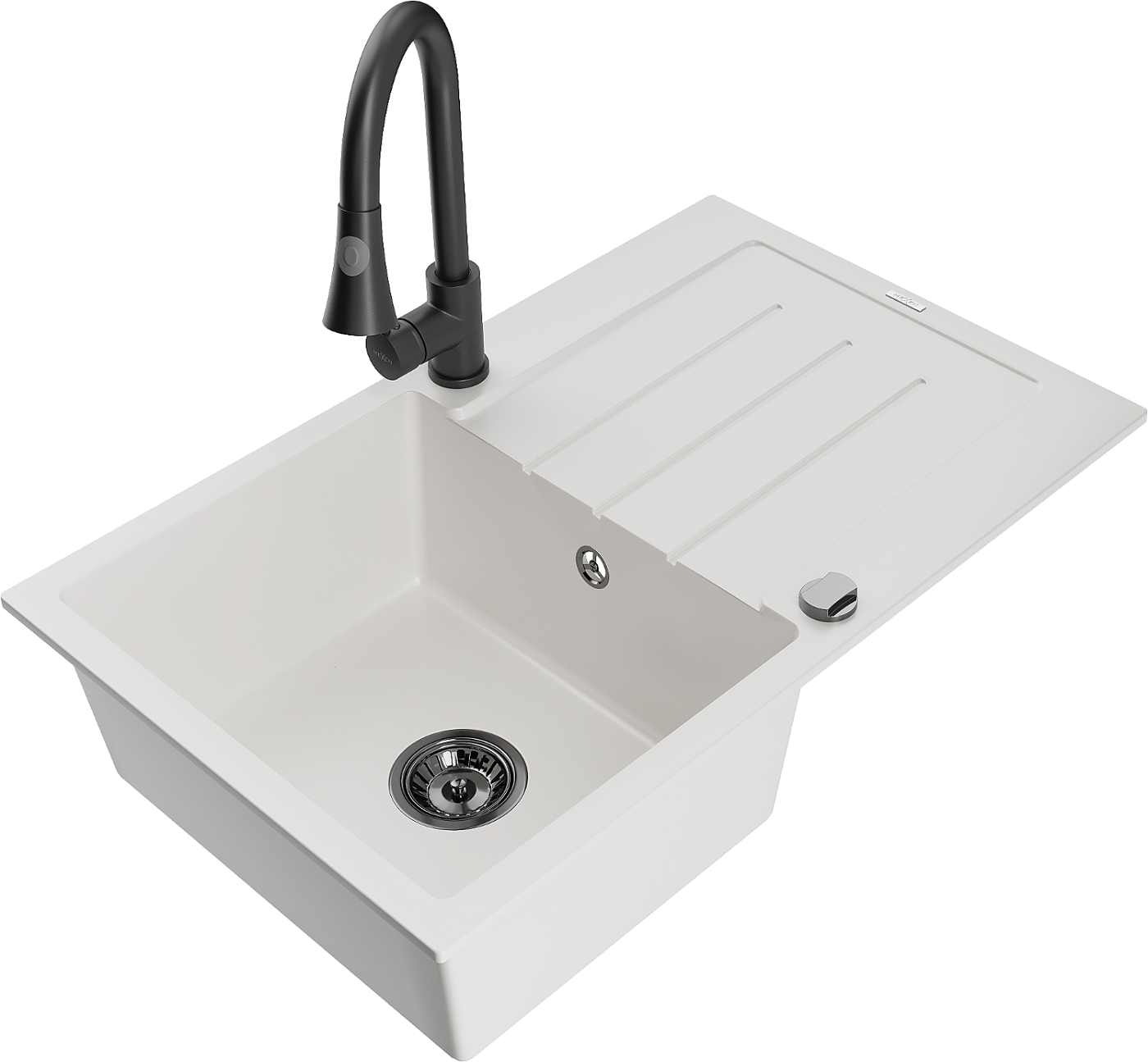 Mexen Bruno zlewozmywak granitowy 1-komorowy z ociekaczem i baterią kuchenną Elia, biały - 6513-20-670101-70