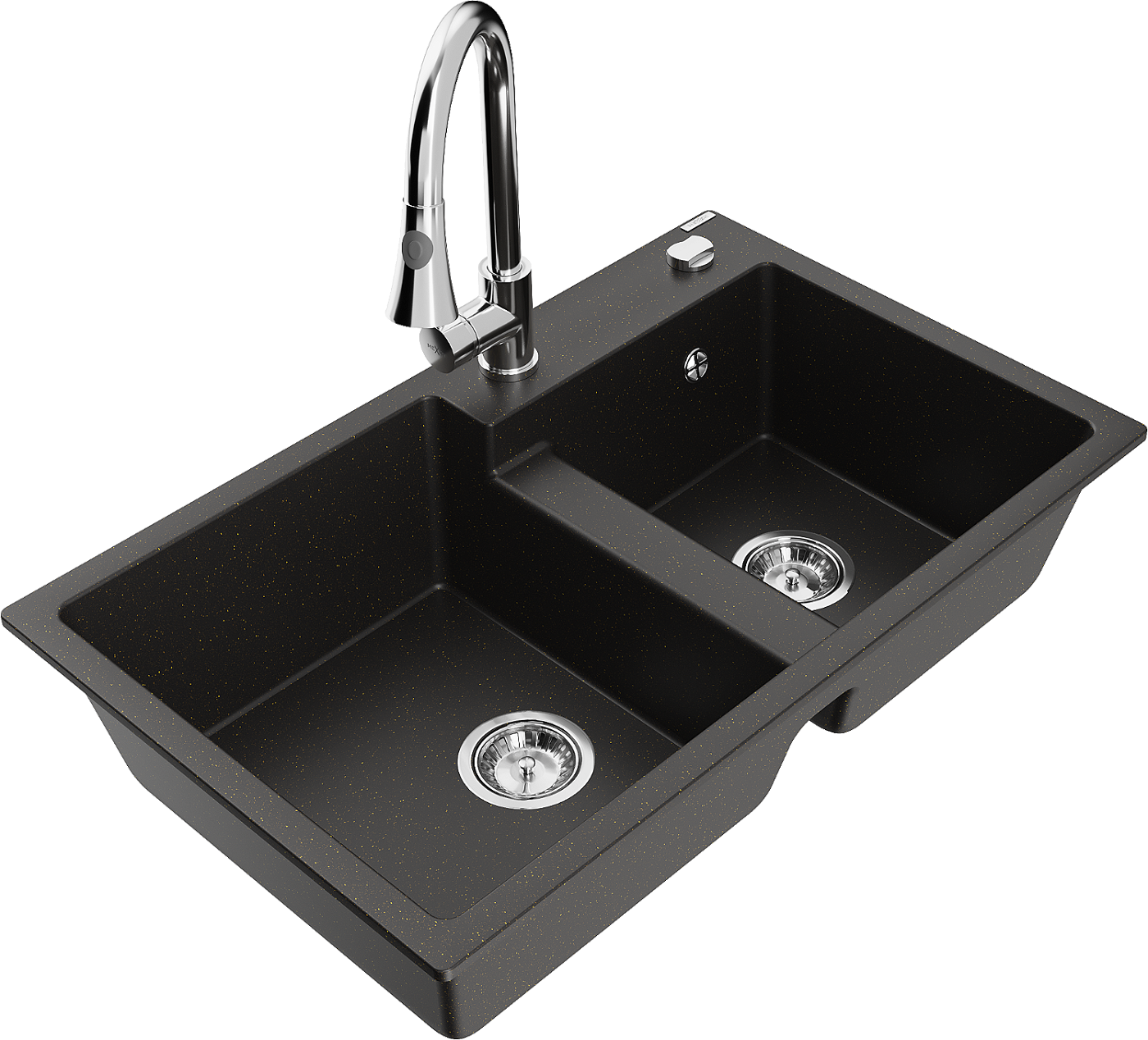 Mexen Tomas zlewozmywak granitowy 2-komorowy z baterią kuchenną Elia, czarny/złoty metalik - 6516-75-670101-00